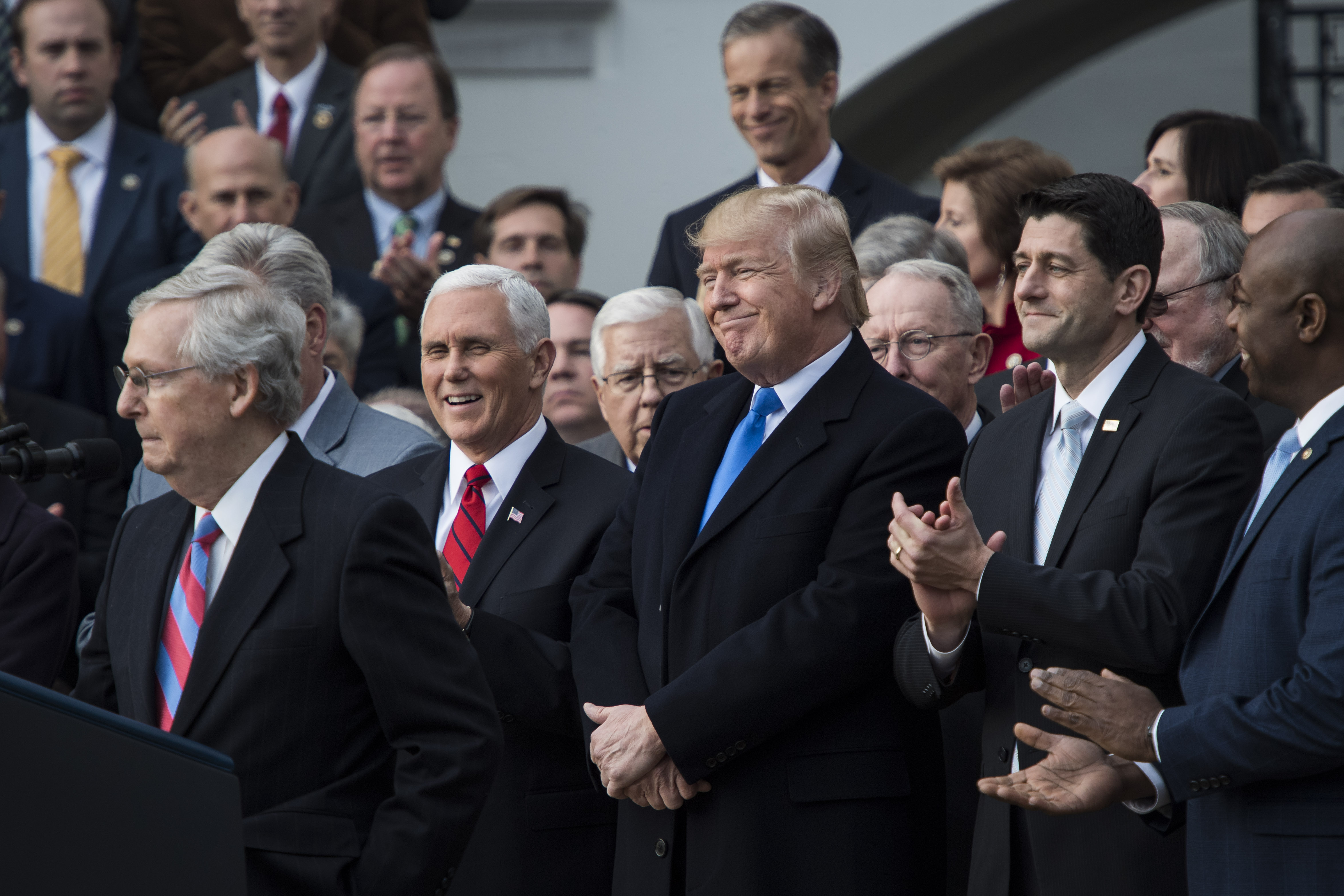 President Donald Trump with Senate Majority Leader Mitch McConnell of Ky., Vice President Mike Pence, and House Speaker Paul Ryan of Wis. (Photo by Jabin Botsford/The Washington Post via Getty Images)