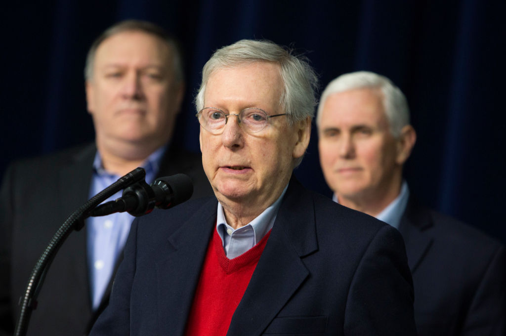 Senate Majority Leader Mitch McConnell (R-KY) speaks to the media. (Photo by Chris Kleponis-Pool/Getty Images)
