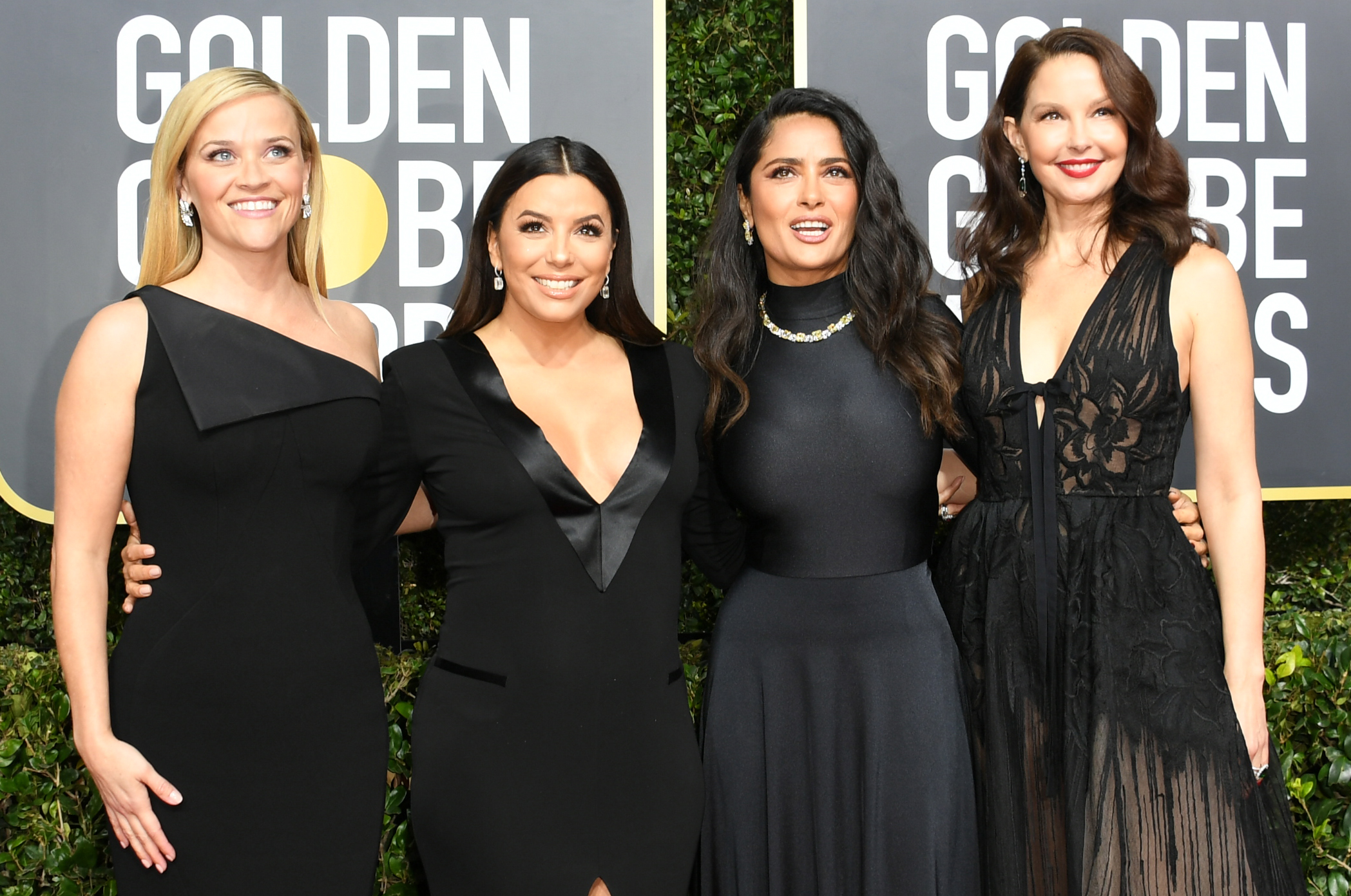 (L-R) Actors and Time's Up founding members Reese Witherspoon, Eva Longoria, Salma Hayek and Ashley Judd arrive for the 75th Golden Globe Awards on January 7, 2018, in Beverly Hills, California. CREDIT: VALERIE MACON/AFP/Getty Images