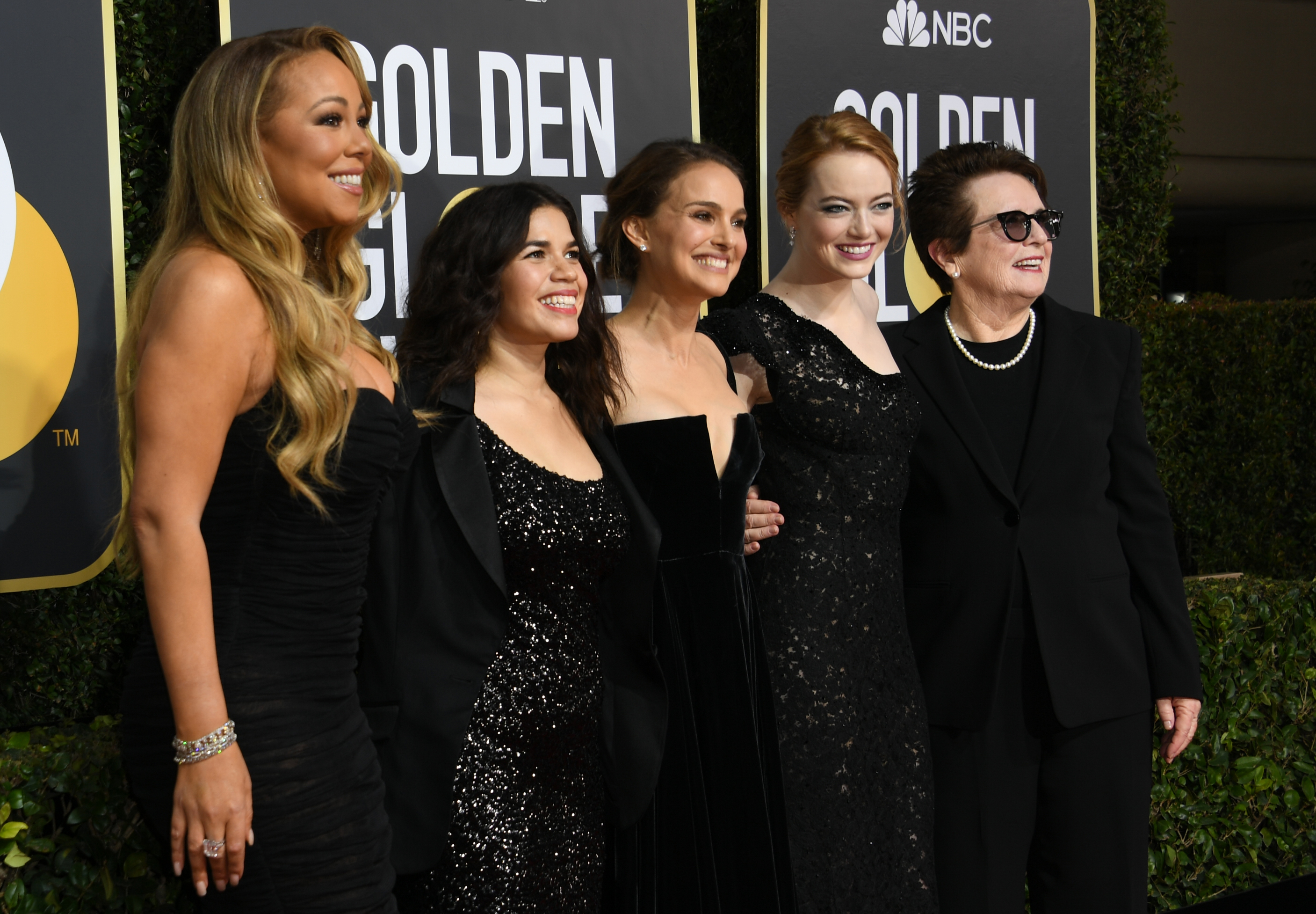 Mariah Carey, Natalie Portman, America Ferrera, Emma Stone and Billie Jean King arrive for the 75th Golden Globe Awards on January 7, 2018, in Beverly Hills, California. CREDIT: VALERIE MACON/AFP/Getty Images