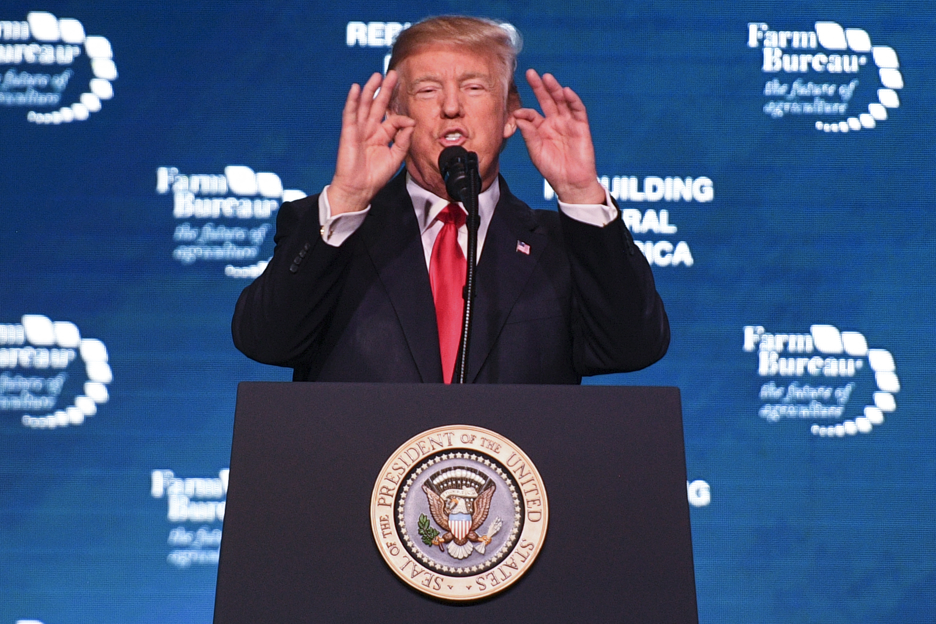 President Donald Trump speaks at the American Farm Bureau Federations 99th Annual Convention at Opryland in Nashville, Tennessee, on January 8, 2018. CREDIT: Jim Watson/AFP Photo/Getty Images.
