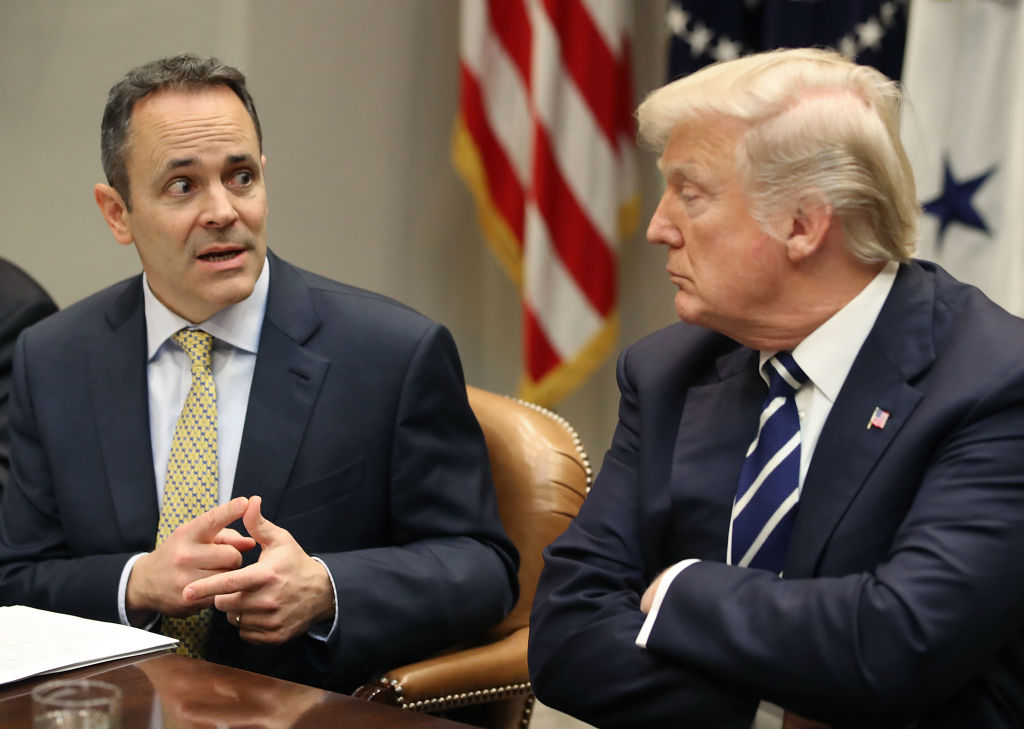 Kentucky Gov. Matt Bevin speaks as Donald Trump listens. (Photo by Mark Wilson/Getty Images)