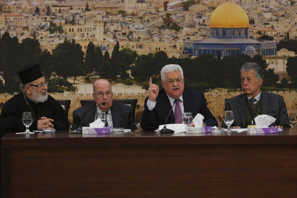 Palestinian President Mahmoud Abbas (2nd R) makes a speech as he attends the 28th session of the Palestinian Central Council, based on the Palestinian Liberation Organization (PLO) which is being held under the title of "Jerusalem, the eternal capital of the State of Palestine" in Ramallah, West Bank on January 14, 2018. CREDIT: Issam Rimawi/Anadolu Agency/Getty Images