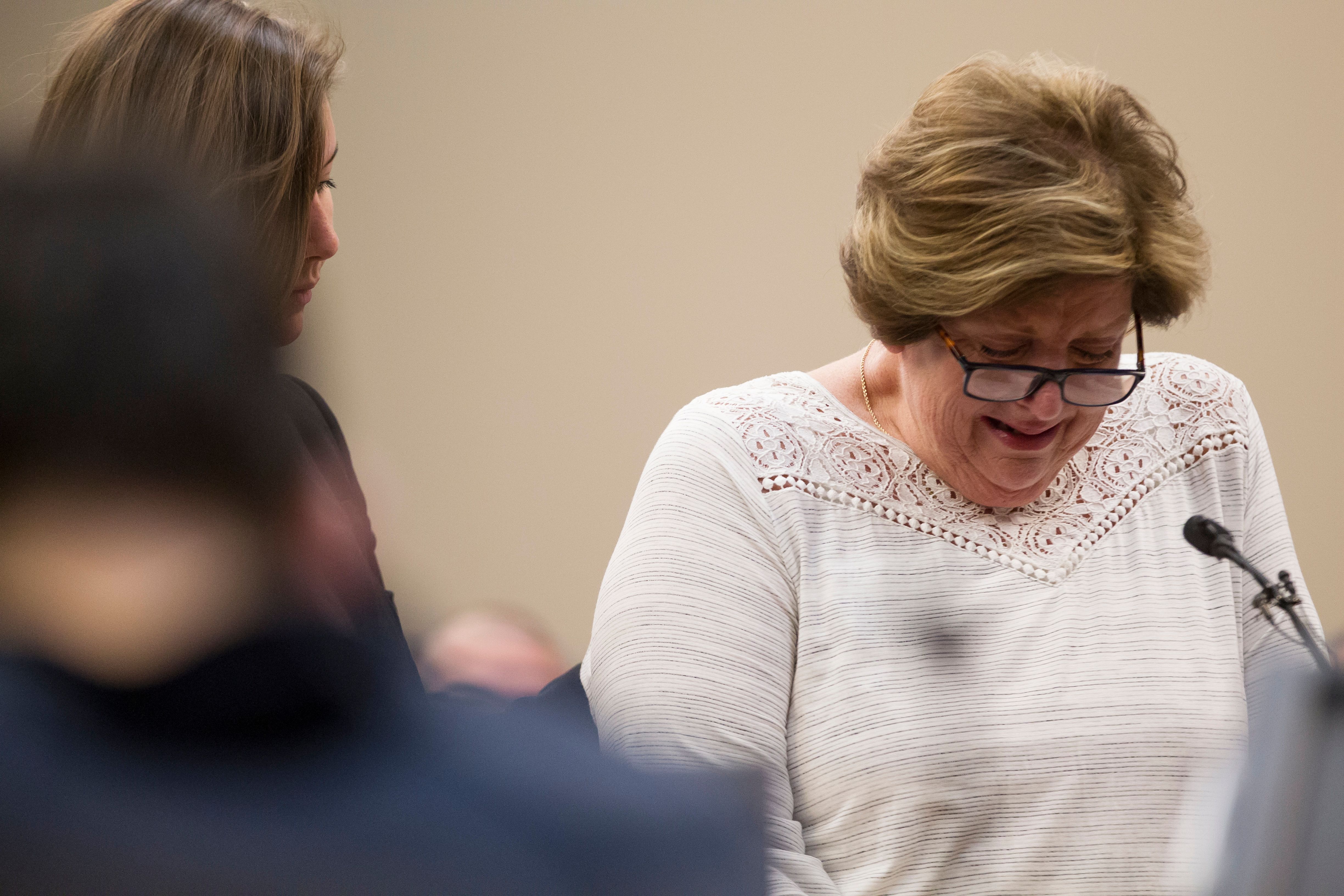 Donna Markham, mother of Chelsea Markham, a victim of doctor Larry Nassar, gives a victim impact statement on behalf her daughter who committed suicide GEOFF ROBINS/AFP/Getty Images