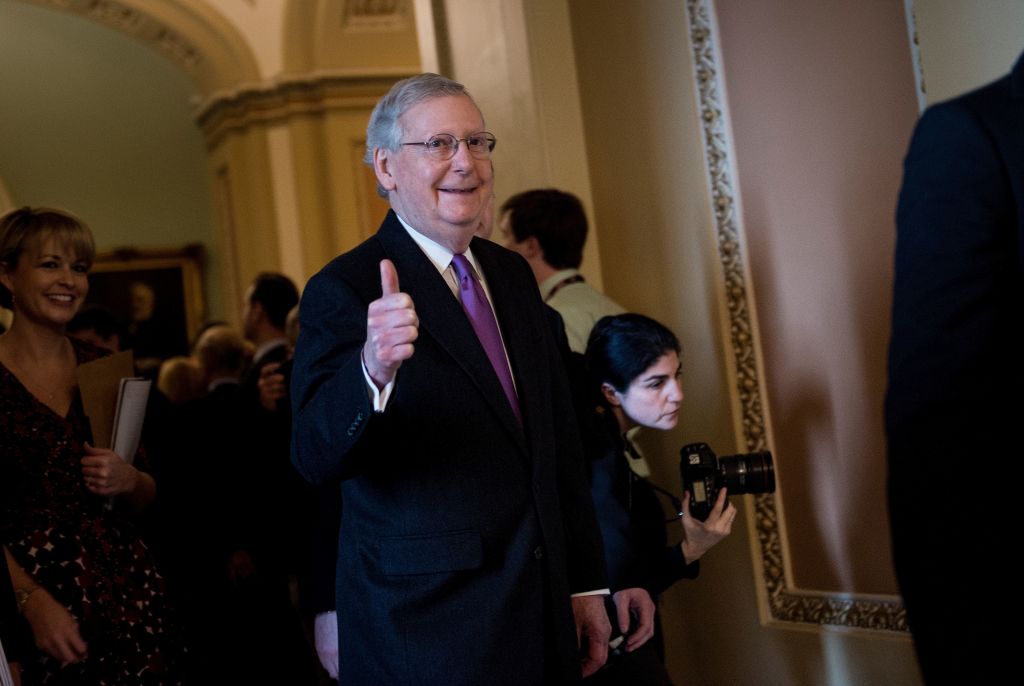 Senate Majority Leader Mitch McConnell (R-KY) walks from a vote on Capitol Hill after the senate voted to advance a bill financing the government, January 22, 2018 in Washington, DC. CREDIT: BRENDAN SMIALOWSKI/AFP/Getty Images