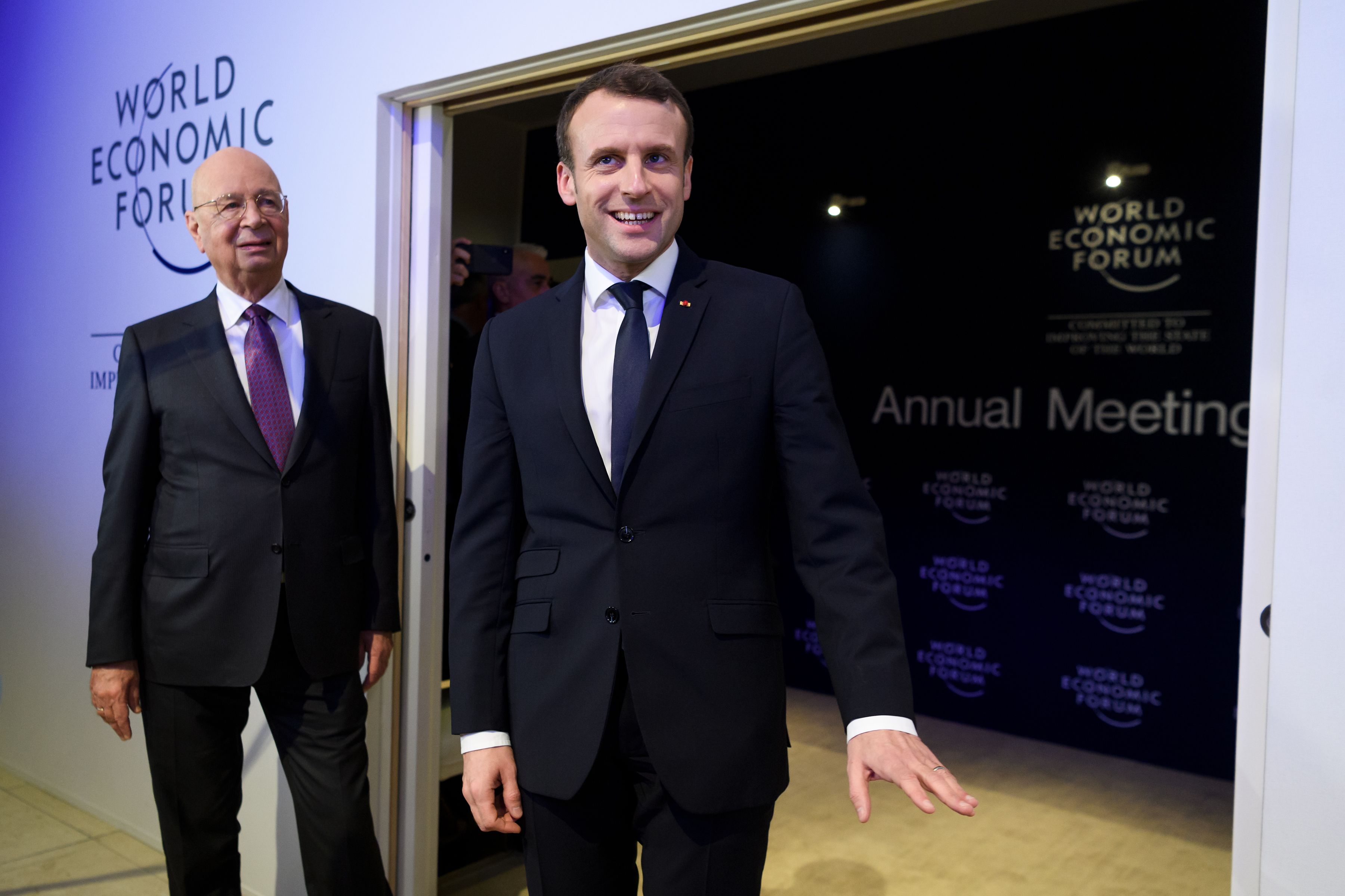 French President Emmanuel Macron arrives to address the annual World Economic Forum (WEF) on January 24, 2018 in Davos, Switzerland. (CREDIT: FABRICE COFFRINI/AFP/Getty Images)