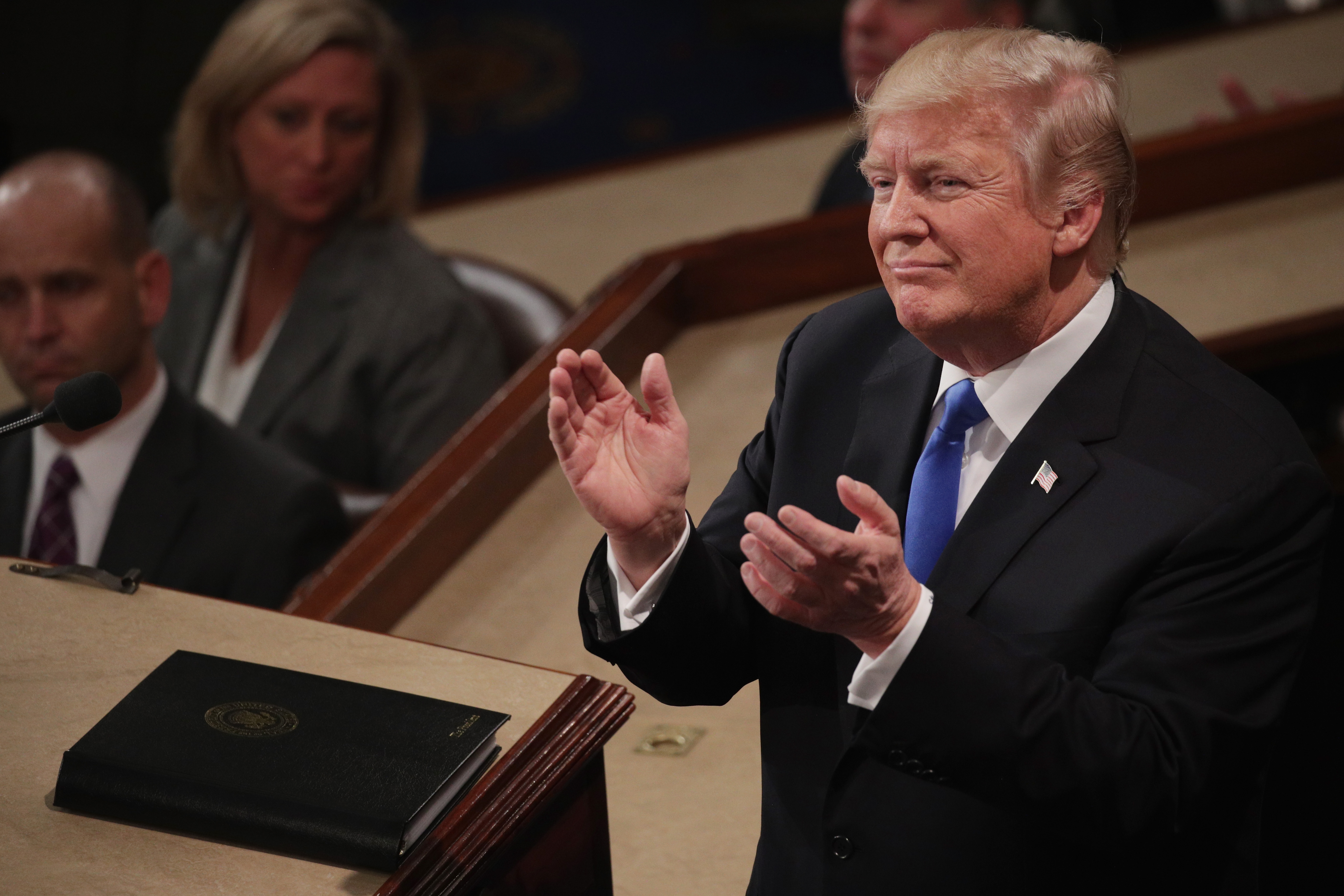WASHINGTON, DC - JANUARY 30: U.S. President Donald J. Trump claps during the State of the Union address in the chamber of the U.S. House of Representatives January 30, 2018 in Washington, DC. This is the first State of the Union address given by U.S. President Donald Trump and his second joint-session address to Congress. (Photo by Alex Wong/Getty Images)