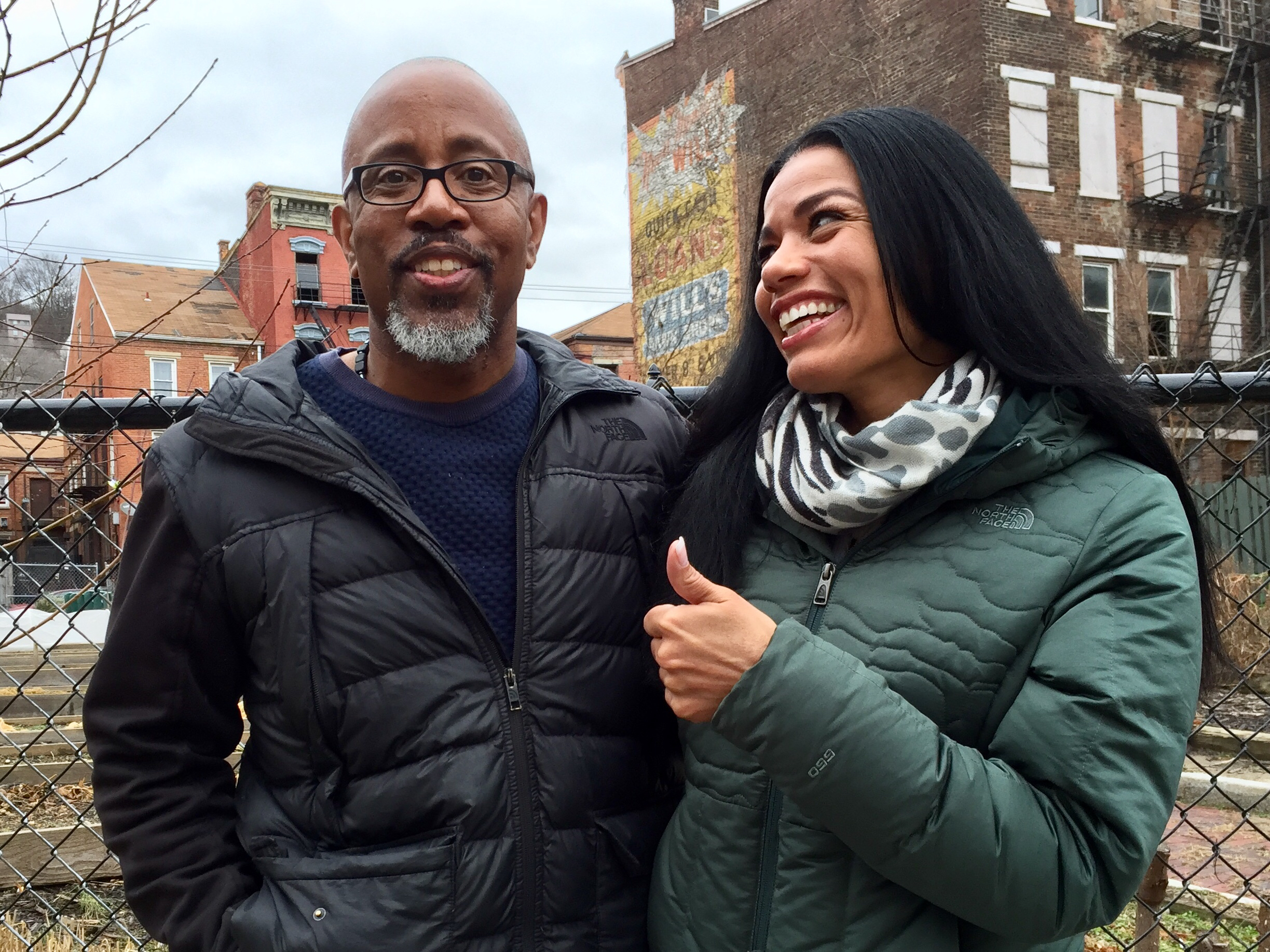 Tyra Patterson (right) with her lawyer David Singleton of the Ohio Justice and Policy Center. (CREDIT: Jess Mador of WYSO Public Radio)