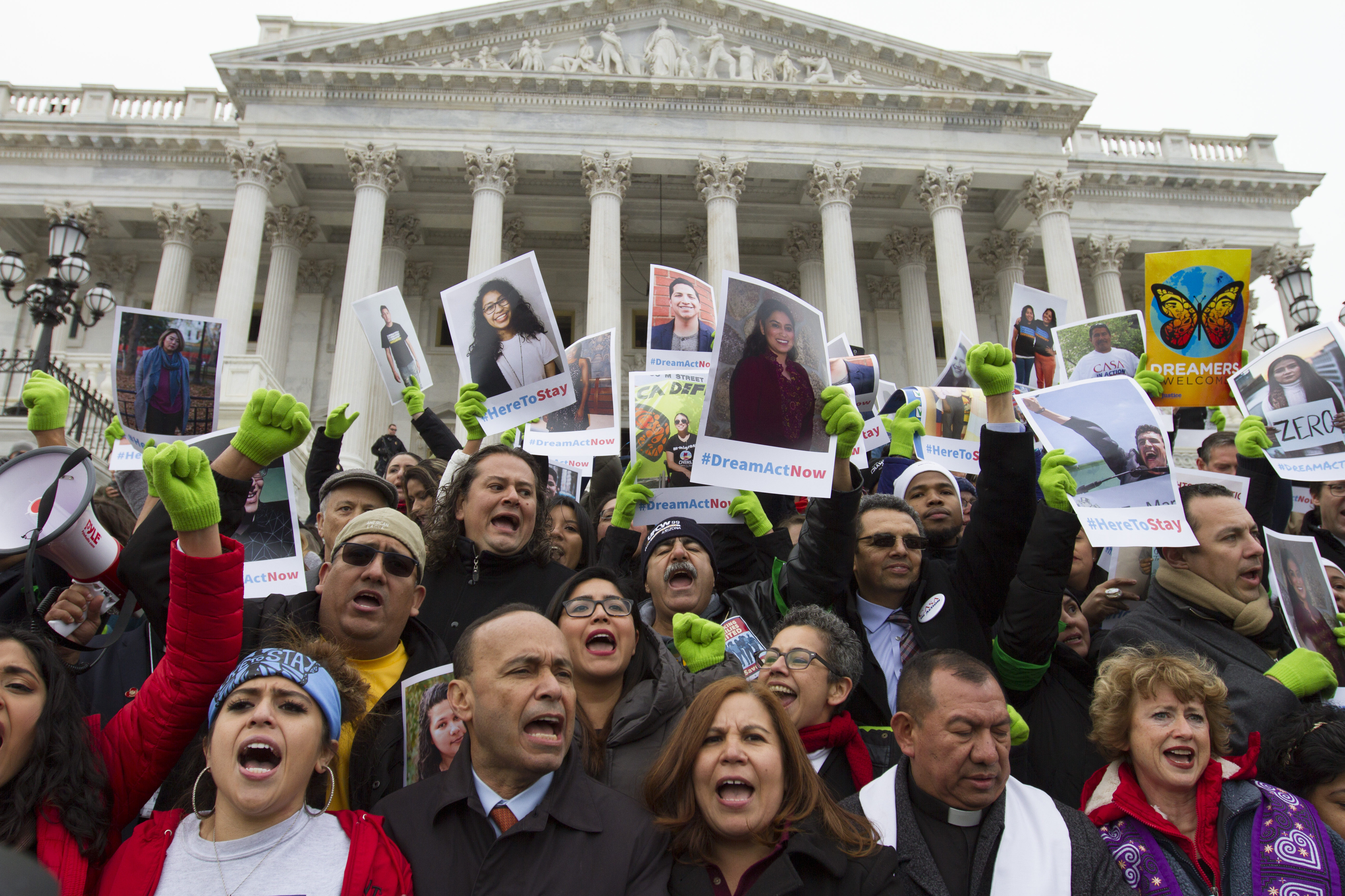 More than 180 protesters including Reps. Luis Gutirrez (D-IL) and Judy Chu (D-CA) were arrested for rallying for a Dream Act on the steps of the U.S. Capitol building on Dec. 6, 2017. (CREDIT: Megan Janetsky)