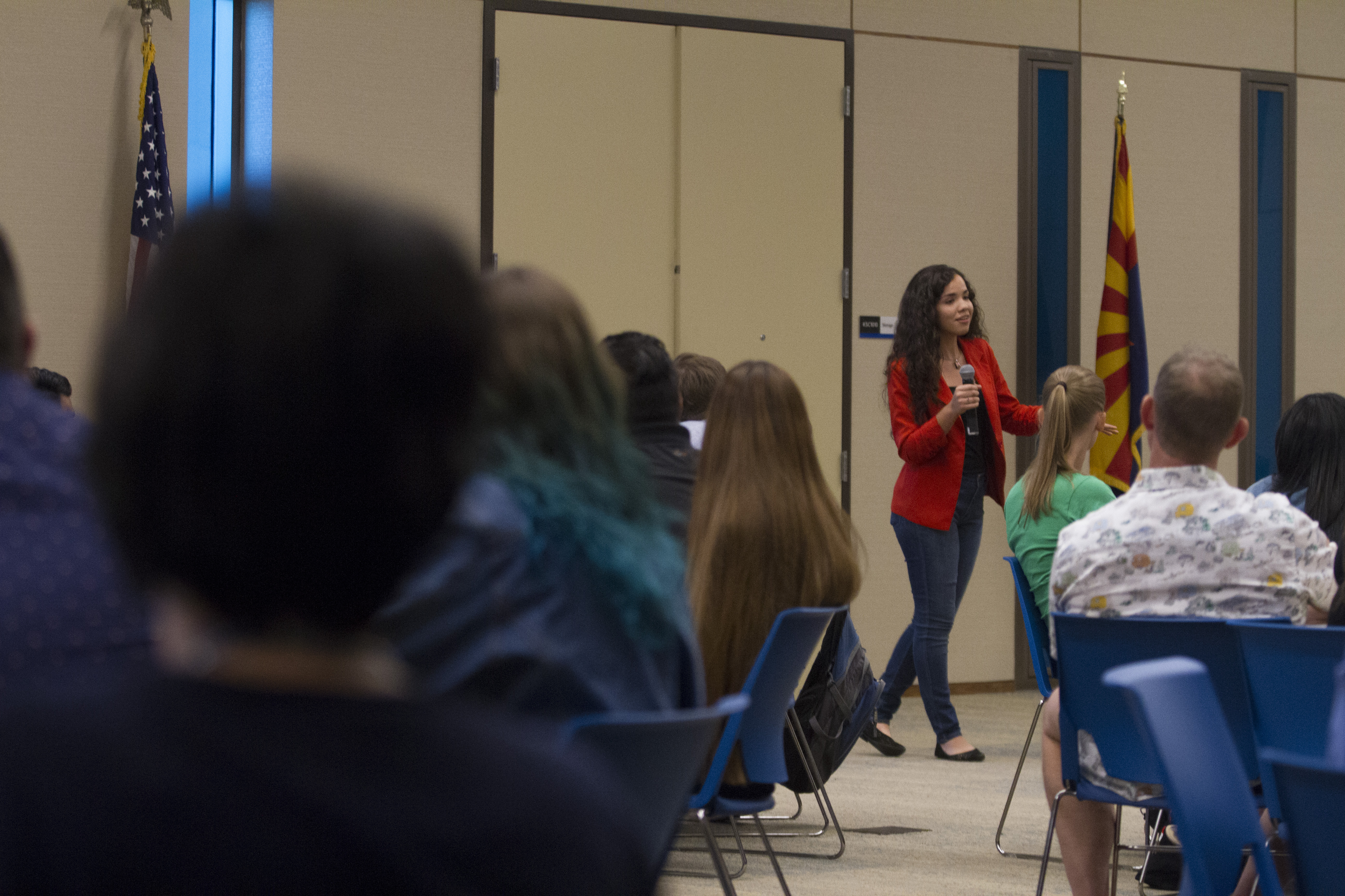 Maria talks about her life as an undocumented immigrant and DACA recipient to a conference room of people at her school, Paradise Valley Community College on Sept. 27, 2018. (CREDIT: Megan Janetsky)
