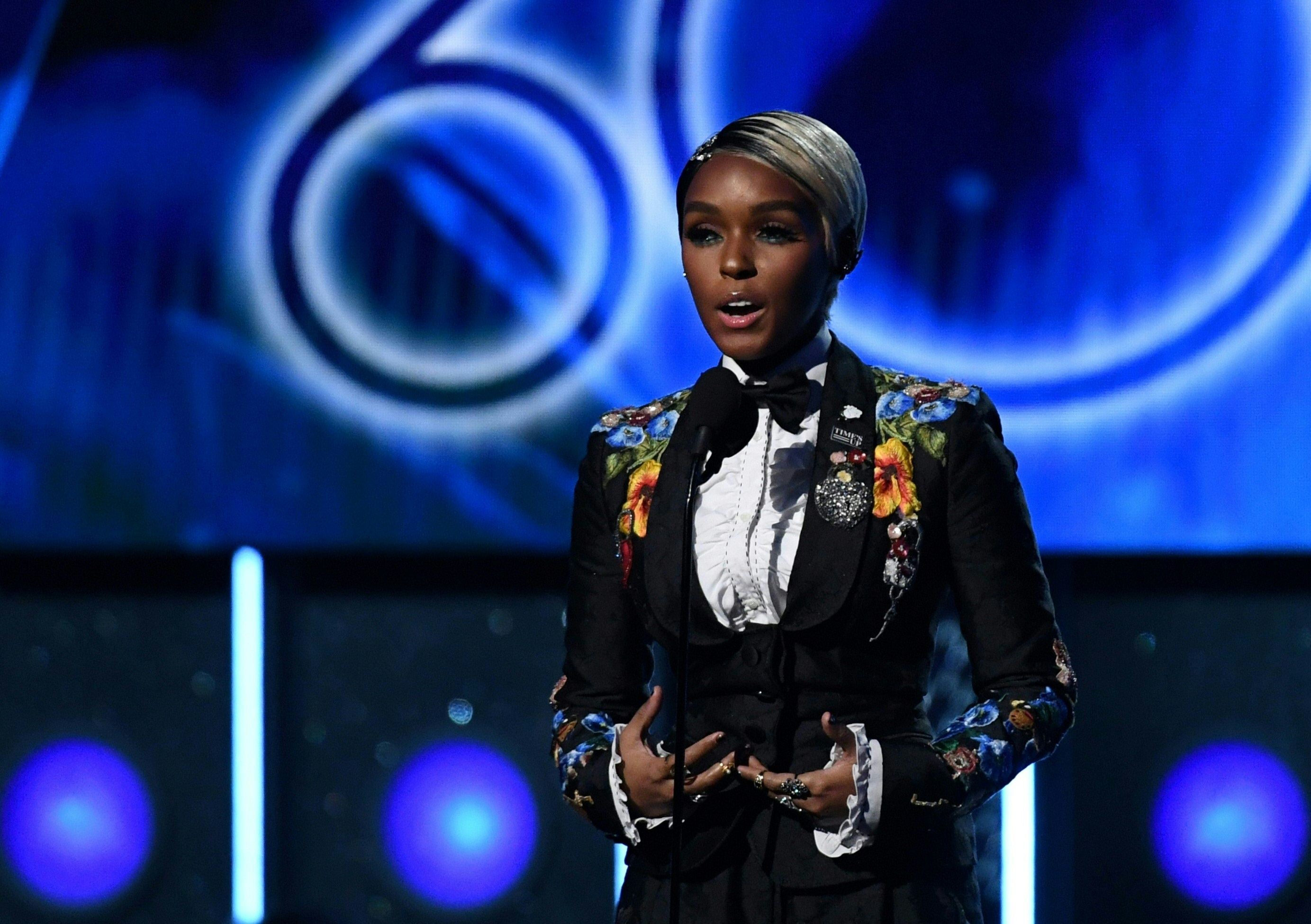 Janelle Monae adresses the audience during the 60th Annual Grammy Awards show on January 28, 2018, in New York. CREDIT: TIMOTHY A. CLARY/AFP/Getty Images