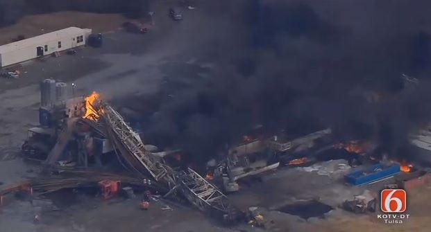 An explosion and fire at a natural gas rig in Pittsburg County, Oklahoma reportedly killed five workers. CREDIT: Screenshot/KOTV.com
