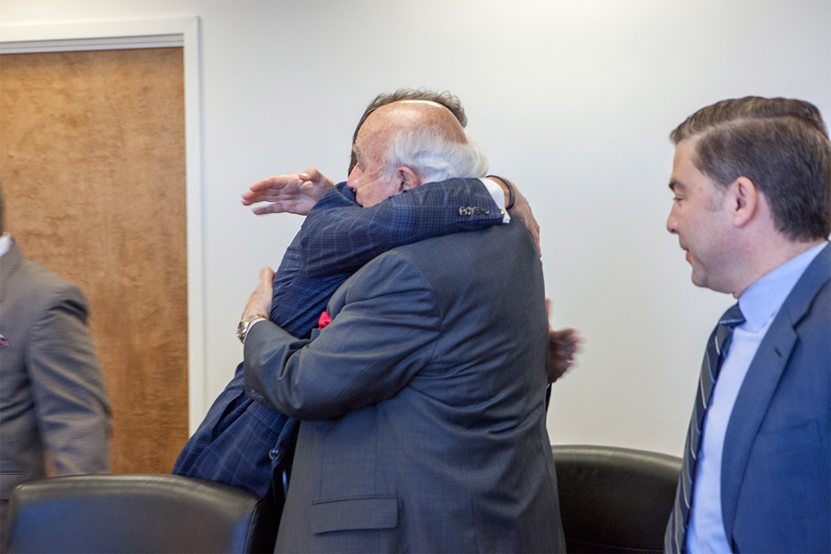 Energy Secretary Rick Perry and Murray Energy CEO Robert Murray greet each other at a March 29, 2017 meeting at DOE headquarters in Washington. CREDIT: Simon Edelman