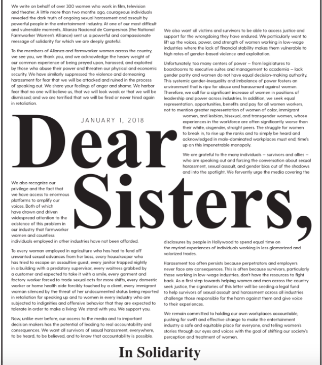 Screenshot of a letter announcing the Time's Up initiative, by its leaders.