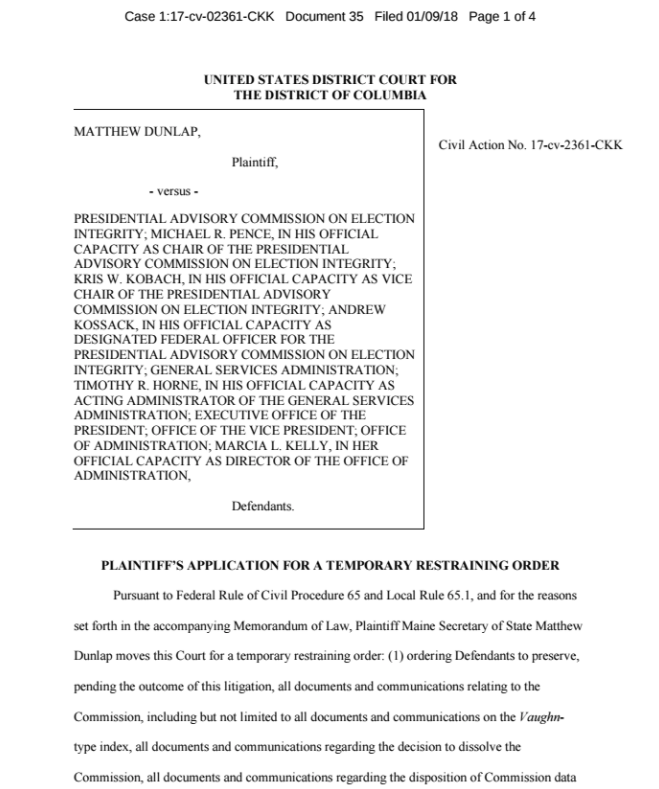 Screengrab of Maine Secretary of State Matt Dunlap's request for a TRO