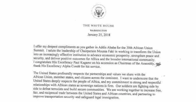 Excerpt from President Trump's January 25 letter to the African Union (Credit: Screengrab, Foreign Policy)