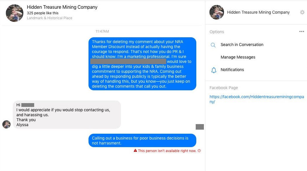 Screengrab of user conversation with Hidden Treasures owner Alyssa Willette