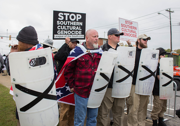 Members of the League of the South line up with shields during a White Lives Matter rally in Shelbyville, Tennessee, United States on October 27, 2017. (Photo by Emily Molli/NurPhoto via Getty Images)