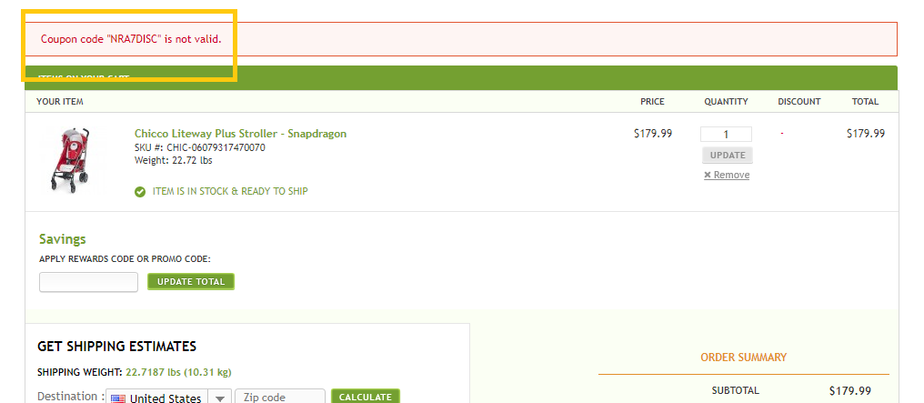 Babyhaven.com screengrab showing the invalid error message