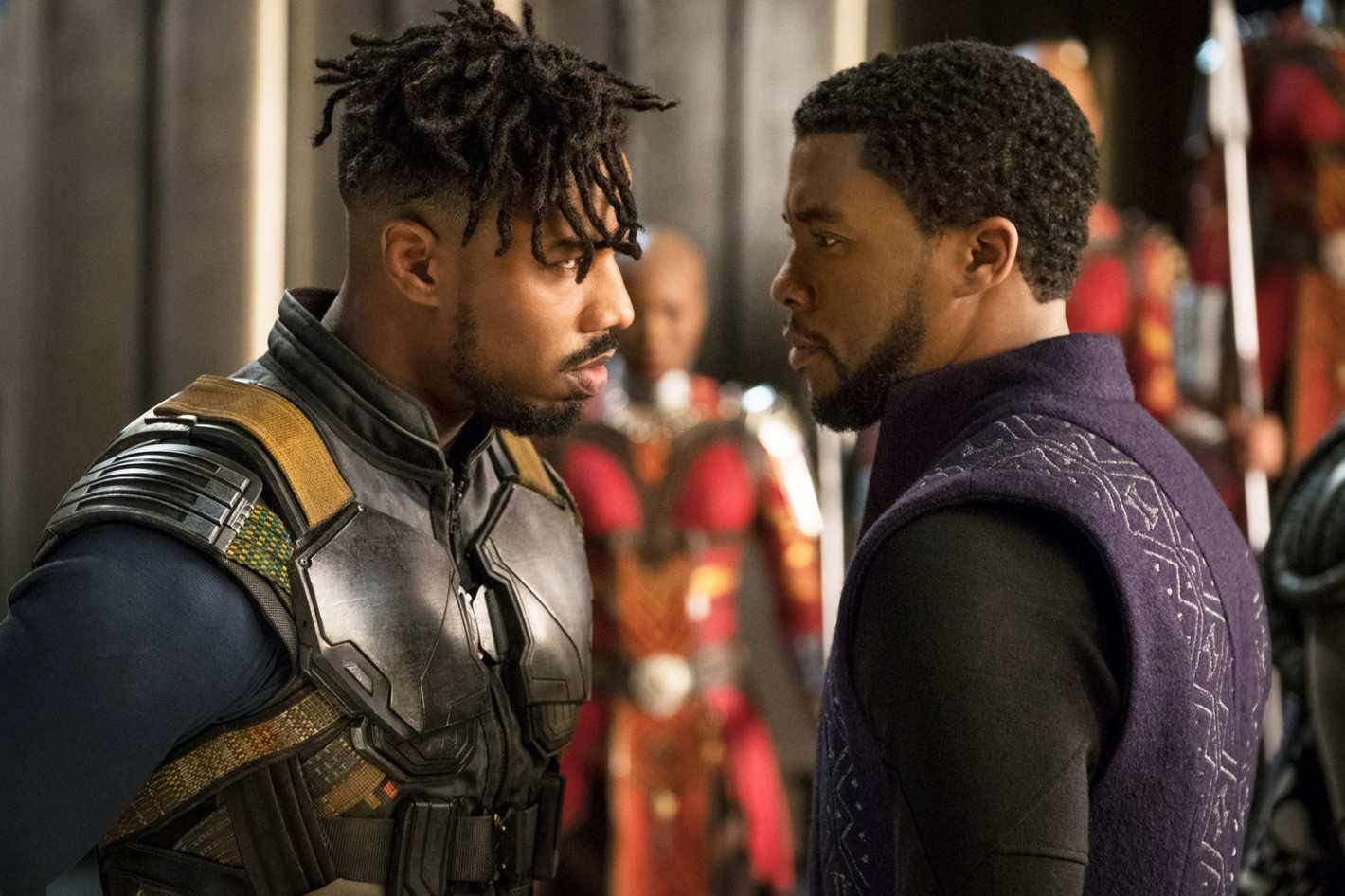Michael B. Jordan and Chadwick Boseman in Black Panther. CREDIT: Matt Kennedy/Marvel Entertainment