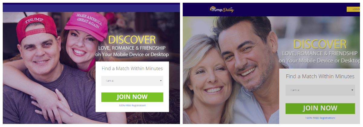 Screenshots from the Trump.dating website; Barrett and Jodi Riddleberger are seen on the left.