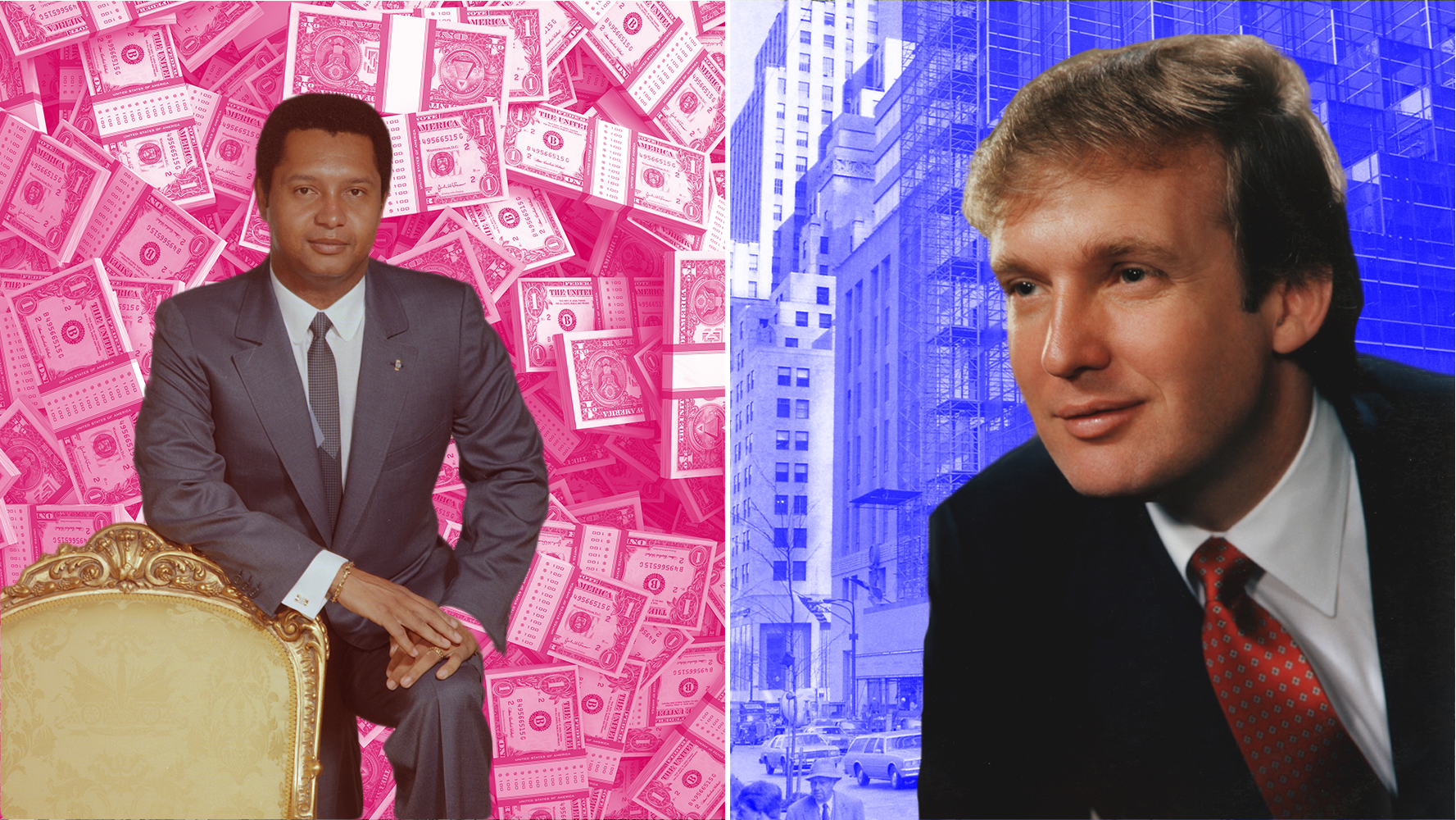 In the mid-1980s, Haitian dictator Jean-Claude "Baby Doc" Duvalier and Donald Trump finally crossed paths. (Illustration by Diana Ofosu)