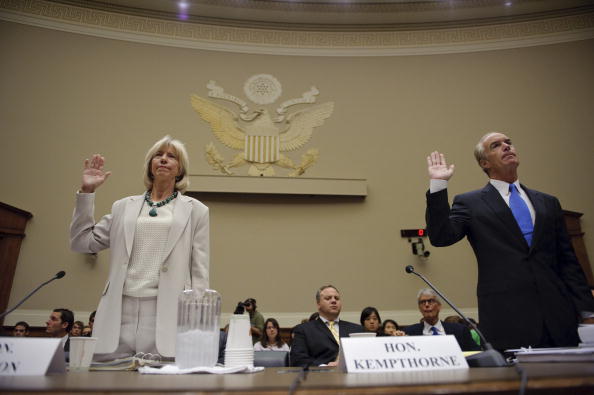 The Interior Department was rife with corruption under former Interior Secretary Gale Norton, seen here testifying with former Interior Secretary Dirk Kempthorne in 2010 before a House Energy and Commerce Subcommittee. CREDIT: Scott J. Ferrell/Congressional Quarterly/Getty Images