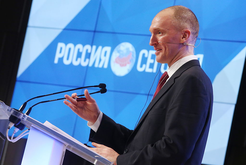 MOSCOW, RUSSIA - DECEMBER 12, 2016: Carter Page, Global Energy Capital LLC Managing Partner and a former foreign policy adviser to U.S. President-Elect Donald Trump, makes a presentation titled " Departing from Hypocrisy: Potential Strategies in the Era of Global Economic Stagnation, Security Threats and Fake News" during his visit to Moscow. CREDIT: Artyom Korotayev/TASS