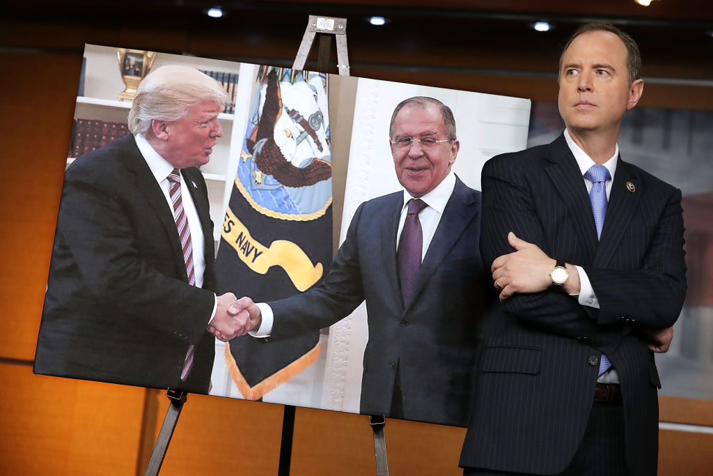 House Intelligence Committee ranking member Rep. Adam Schiff (D-CA) stands next to a photograph of President Donald Trump and Russian Foreign Minister Sergey Lavrov during a news conference at the U.S. Capitol May 17, 2017 in Washington, DC. (CREDIT: Photo by Chip Somodevilla/Getty Images)