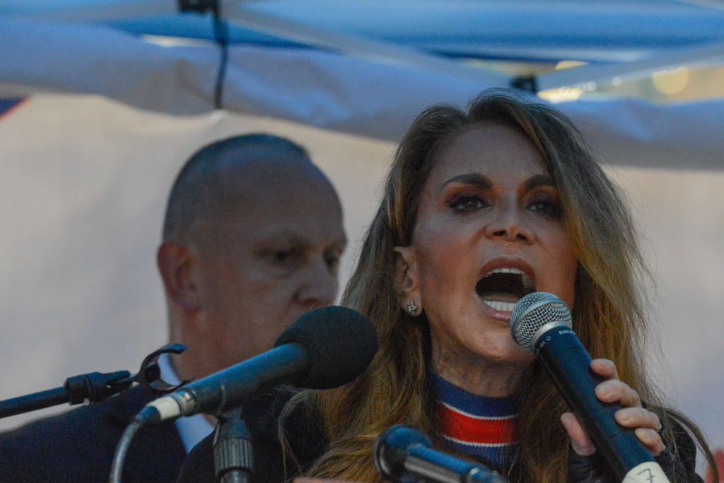 Activist Pamela Geller speaks at an Alt Right protest of Muslim activist Linda Sarsour on April 25, 2017 in New York City. (CREDIT: Stephanie Keith/Getty Images)