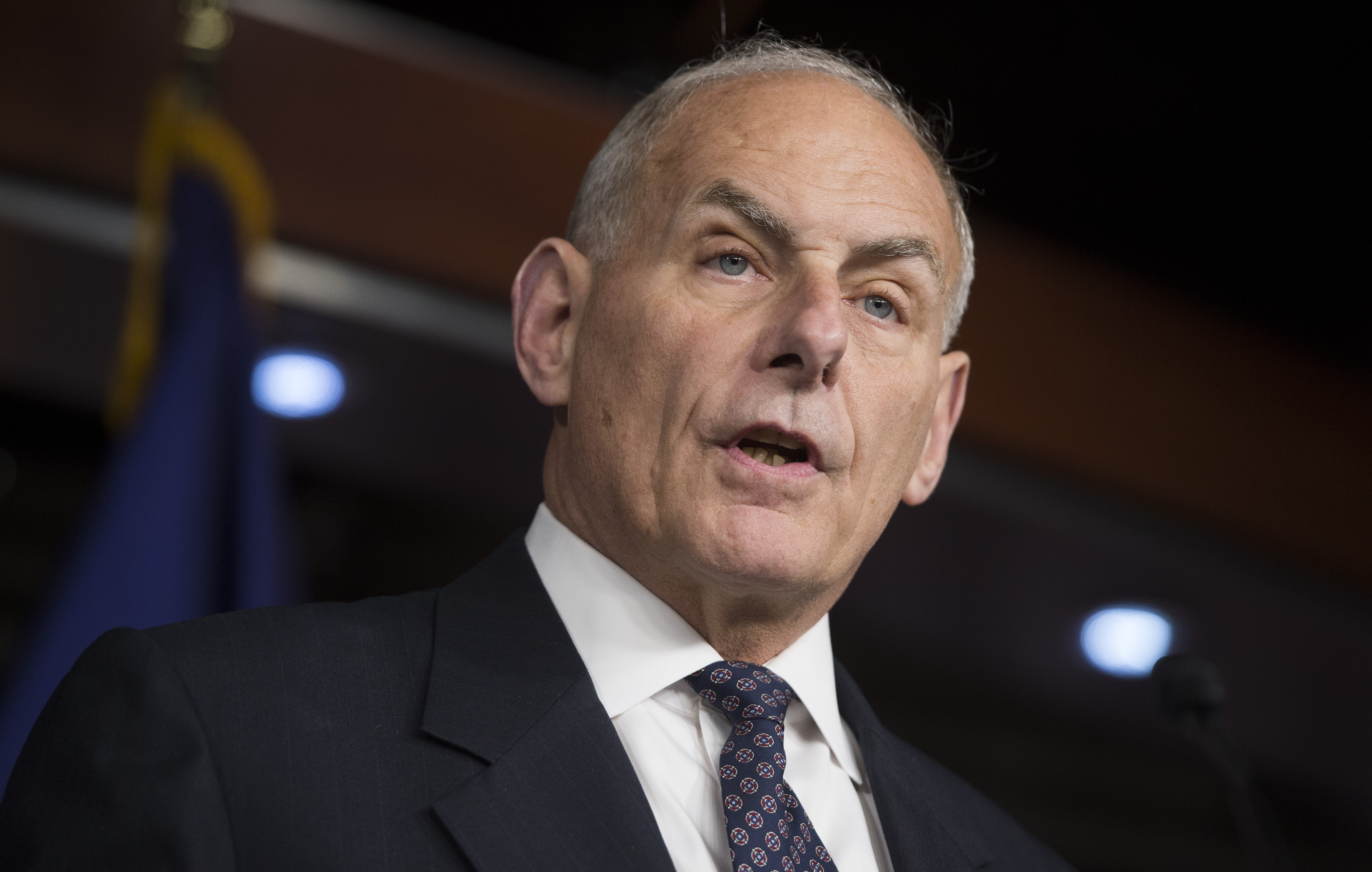 US Secretary of Homeland Security John Kelly speaks about immigration enforcement legislation during a press conference on Capitol Hill in Washington, DC, June 29, 2017.
US President Donald Trump's order to block arrivals from six mainly Muslim countries takes partial effect Thursday after he won a Supreme Court victory over rights groups. / AFP PHOTO / SAUL LOEB (Photo credit should read SAUL LOEB/AFP/Getty Images)