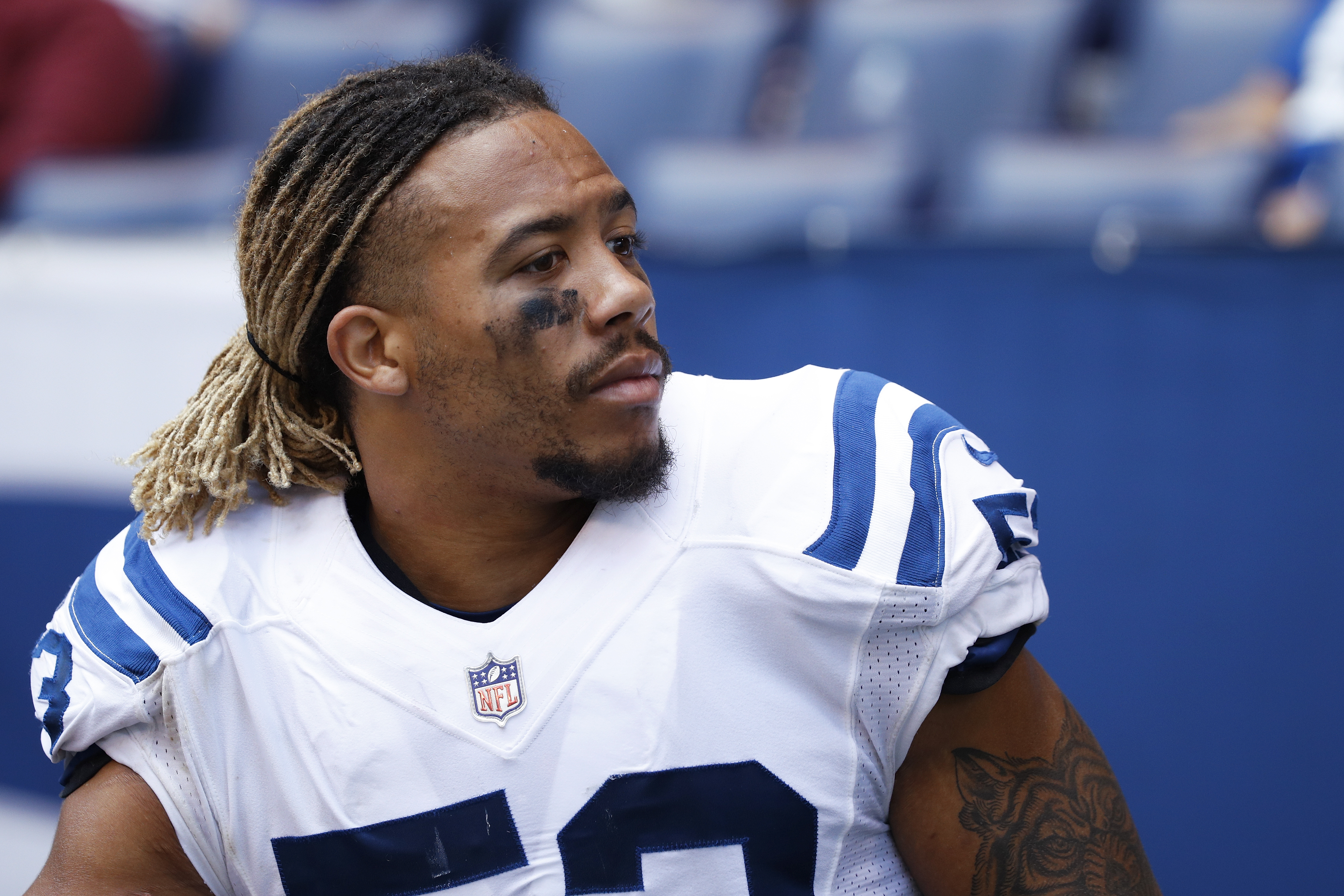 INDIANAPOLIS, IN - AUGUST 13: Edwin Jackson #53 of the Indianapolis Colts looks on during a preseason game against the Detroit Lions at Lucas Oil Stadium on August 13, 2017 in Indianapolis, Indiana. The Lions won 24-10. (Photo by Joe Robbins/Getty Images)