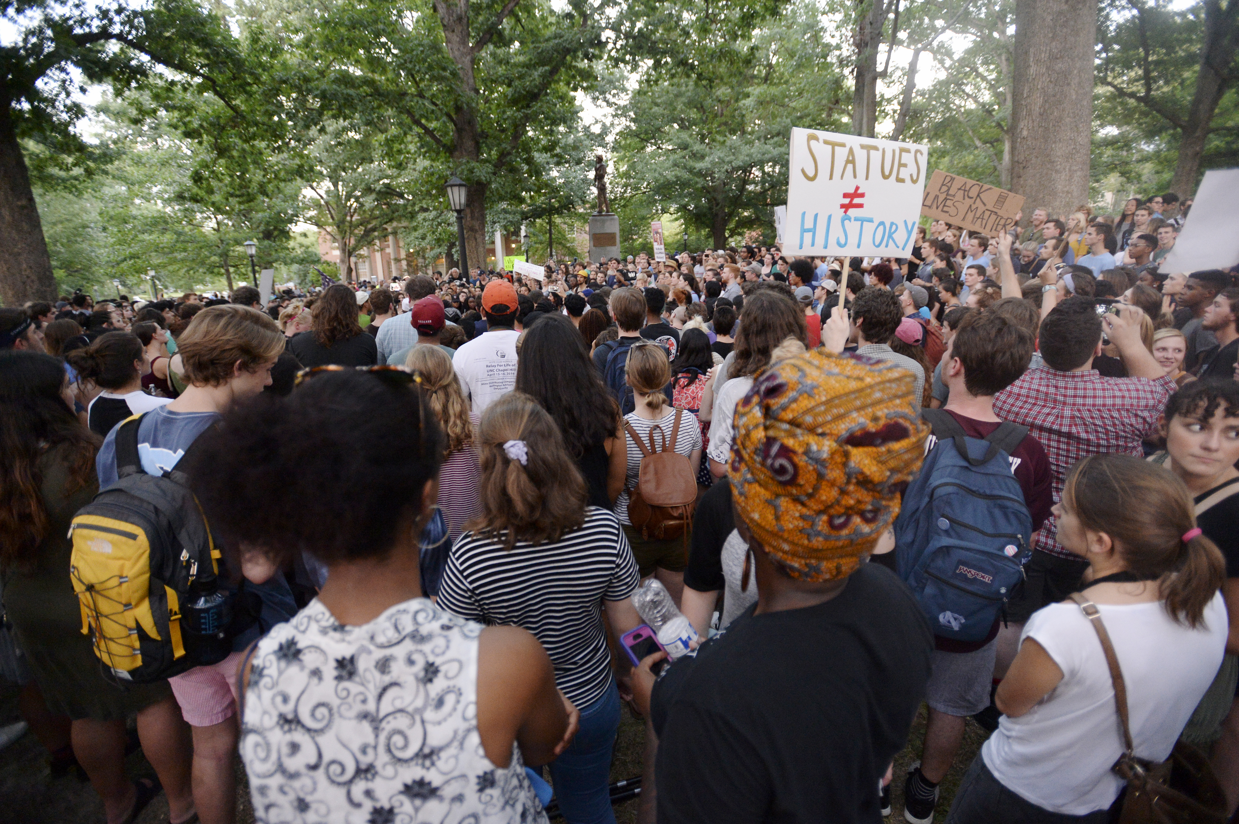 Demonstrators rally for the removal of a Confederate statue, coined Silent Sam, on the campus of the University of Chapel Hill on August 22, 2017 in Chapel Hill North Carolina. CREDIT: Photo by Sara D. Davis/Getty Images