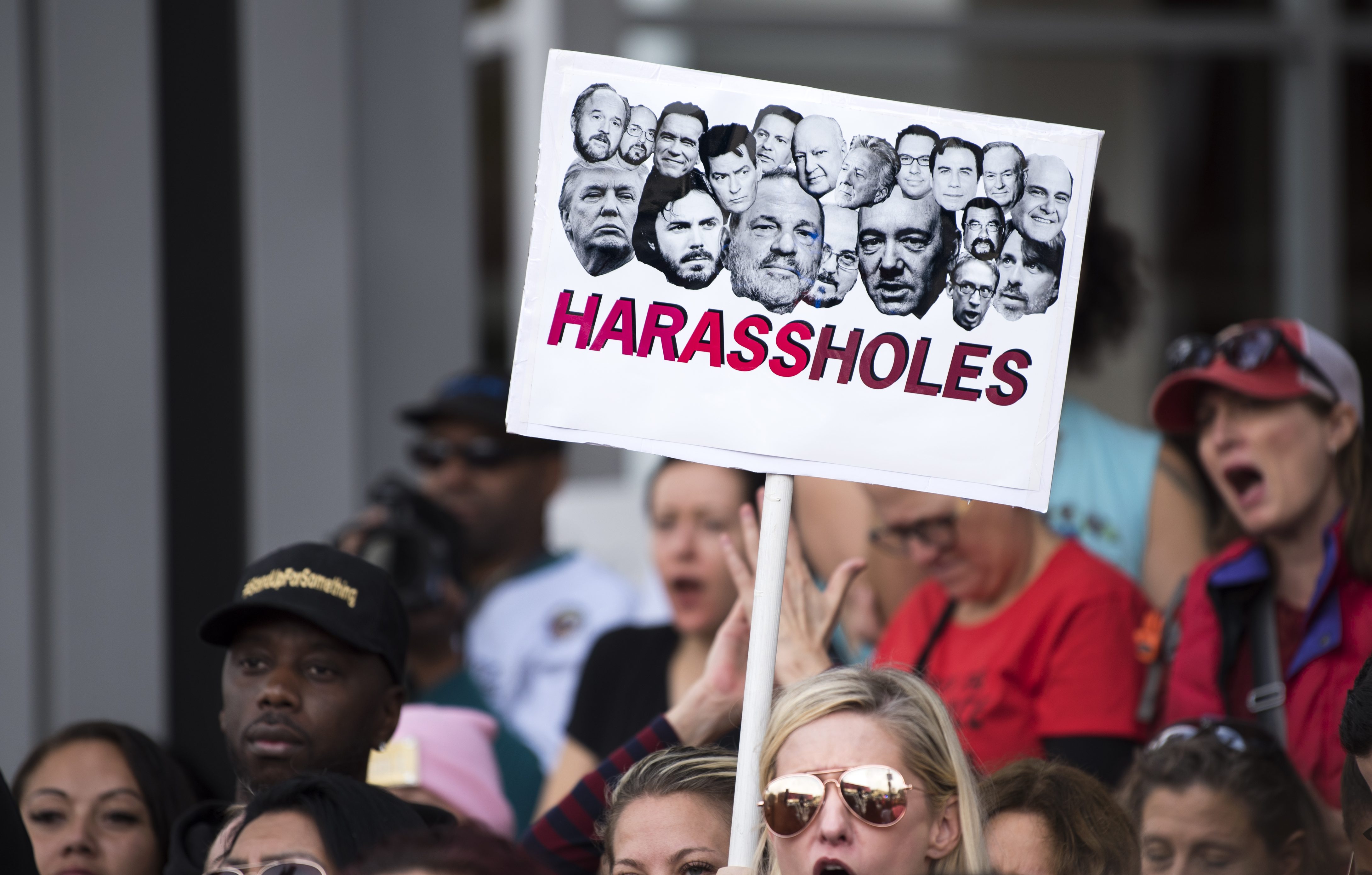 Protesters attend a Me Too rally to denounce sexual harassment and assaults of women in Los Angeles, California on November 12, 2017. CREDIT: Tivony/NurPhoto via Getty Images