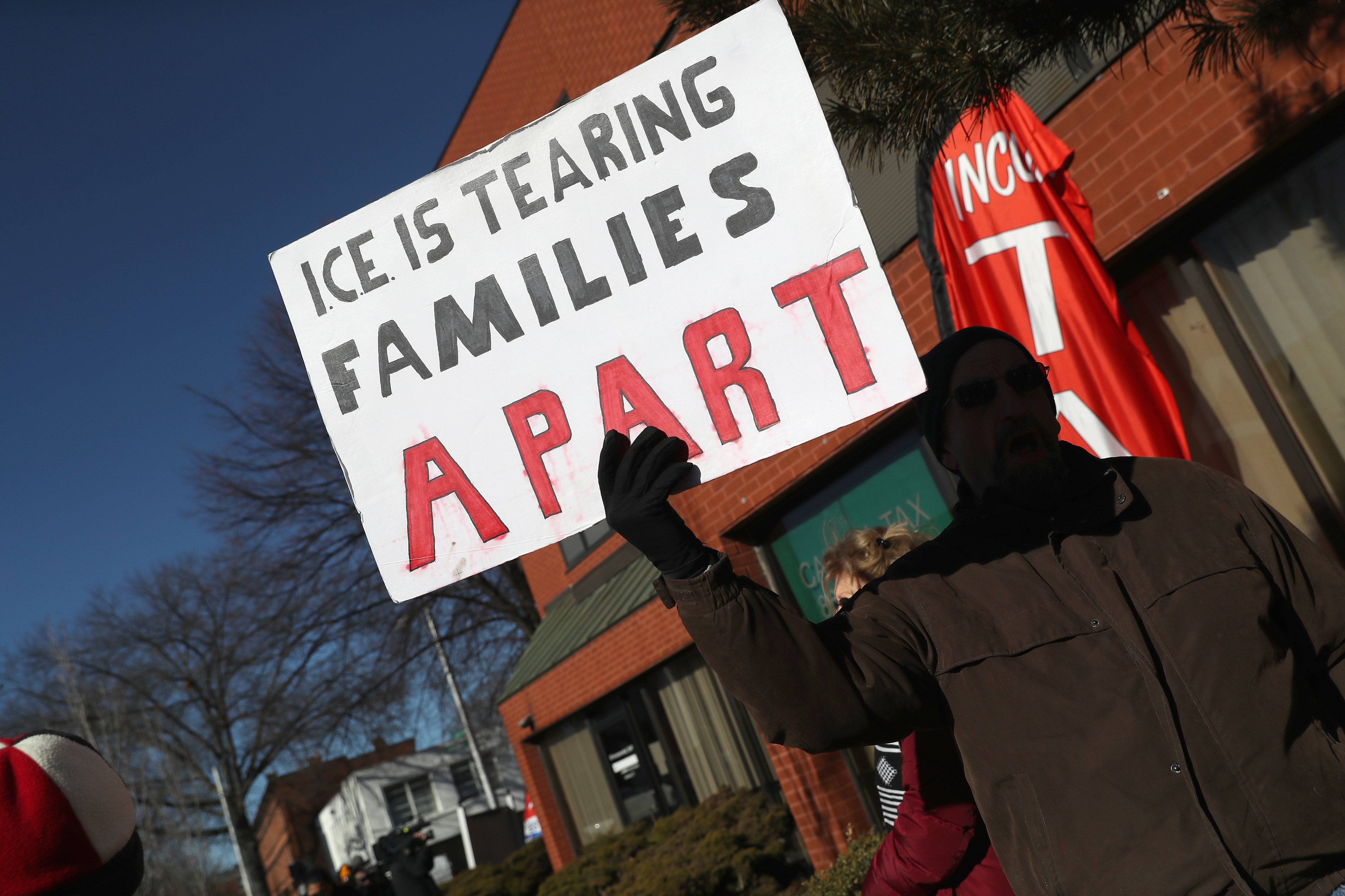 HARTFORD, CT - JANUARY 25: Immigrants' rights groups rally in support of Guatemalan immigrant Joel Colindres, 31, during his ICE check-in on January 25, 2018 in Hartford, Connecticut. U.S. Sen. Richard Blumenthal (D-CT), joined advocates who rallied in support of Colindres, who has an American wife and children. Supporters say that three of his family members have been killed in the last year in Guatemala and that he faces imminent danger if he is sent back by U.S. immigration authorities. (Photo by John Moore/Getty Images)
