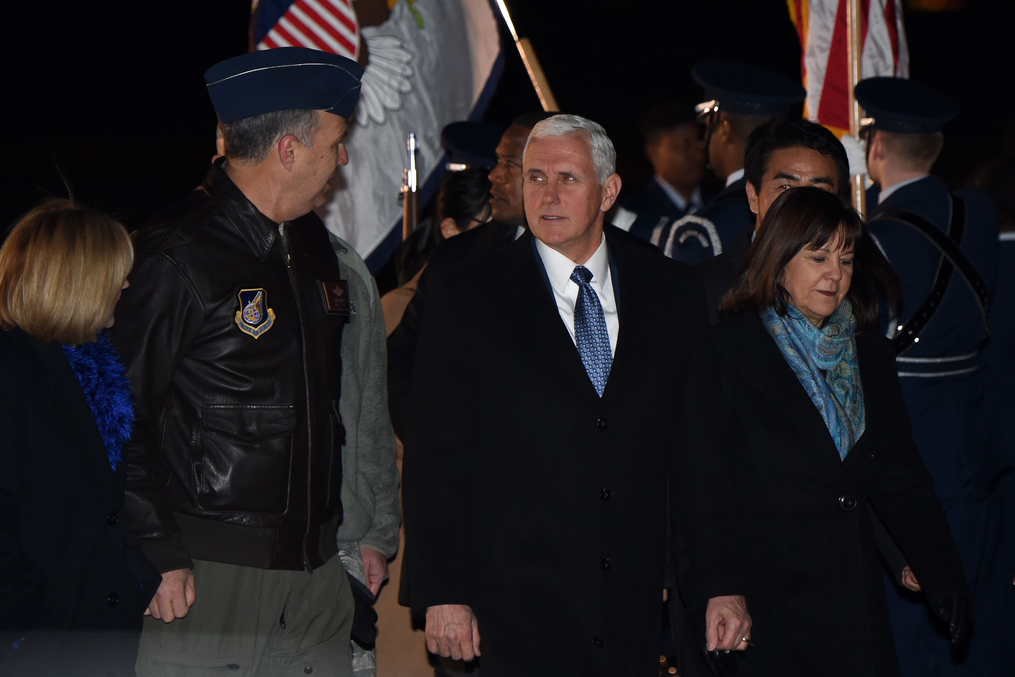 US Vice President Mike Pence and his wife Karen arrive at Yokota Air Base at Fussa in Tokyo on February 6, 2018. CREDIT: Toru Yamanaka/AFP/Getty Images.