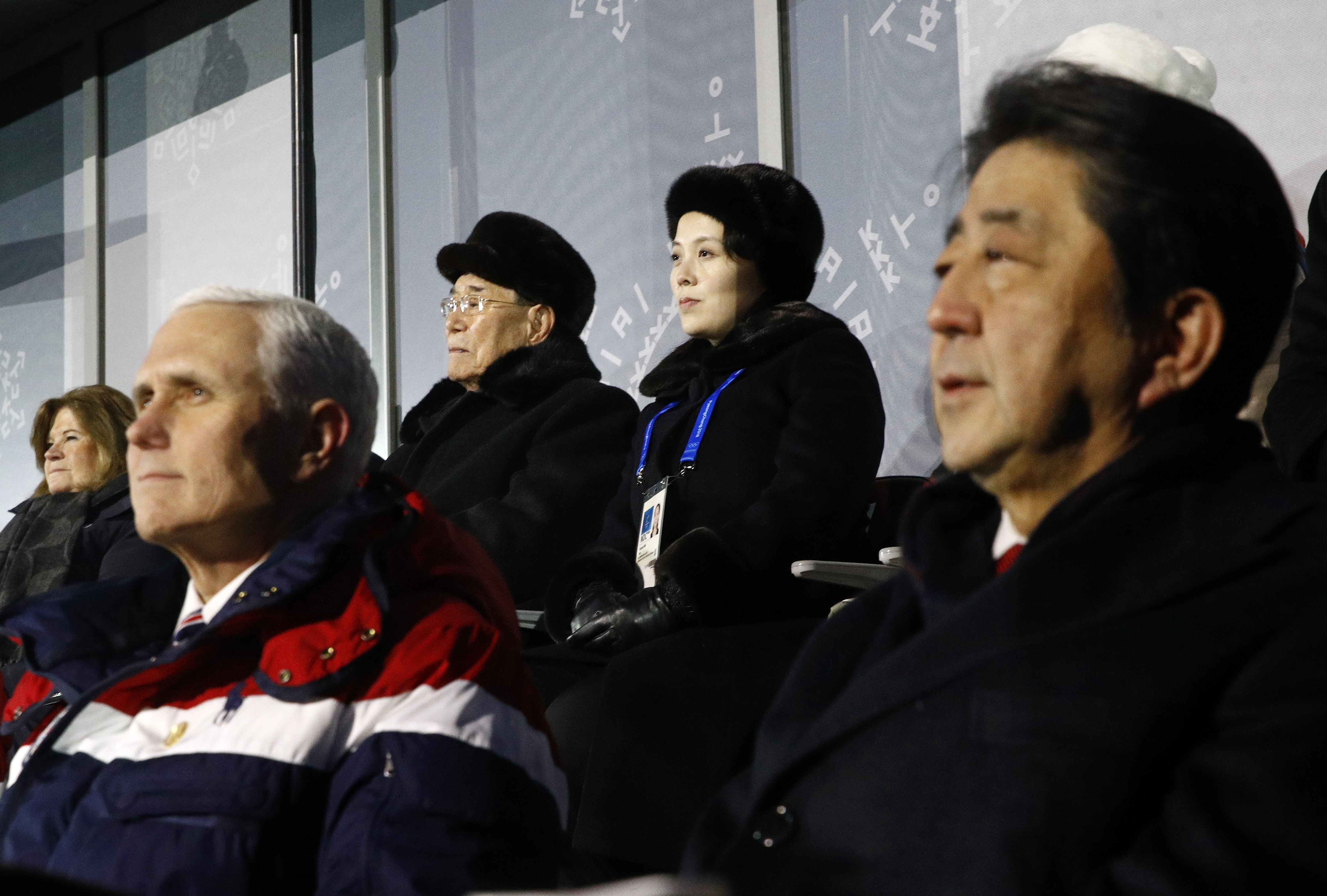 Kim Yong Nam, top left, president of the Presidium of North Korean Parliament, and Kim Yo Jong, sister of North Korean leader Kim Jong Un, top right, sit behind U.S. Vice President Mike Pence, bottom left, and Japanese Prime Minister Shinzo Abe, bottom right, as they watch the opening ceremony of the 2018 Winter Olympics at PyeongChang Olympic Stadium on February 9, 2018 in Pyeongchang-gun, South Korea. (credit: Patrick Semansky - Pool /Getty Images)