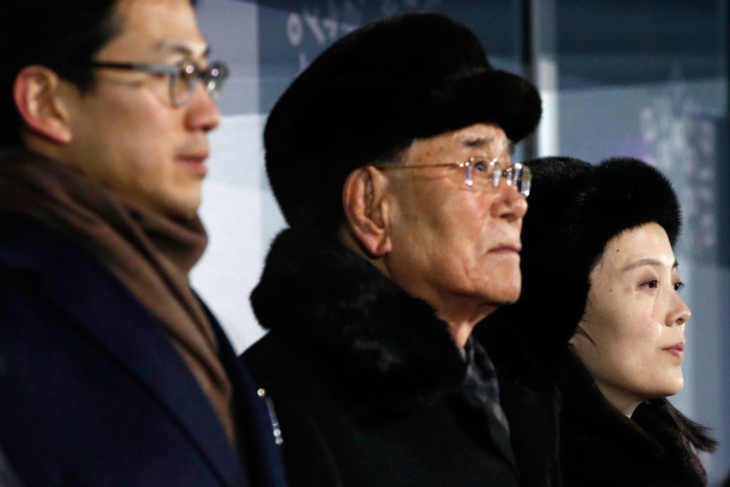 North Korea's ceremonial head of state Kim Yong Nam (2nd L) and North Korea's Kim Jong Un's sister Kim Yo Jong attend the opening ceremony of the Pyeongchang 2018 Winter Olympic Games on February 9, 2018. (CREDIT: PATRICK SEMANSKY/AFP/Getty Images)