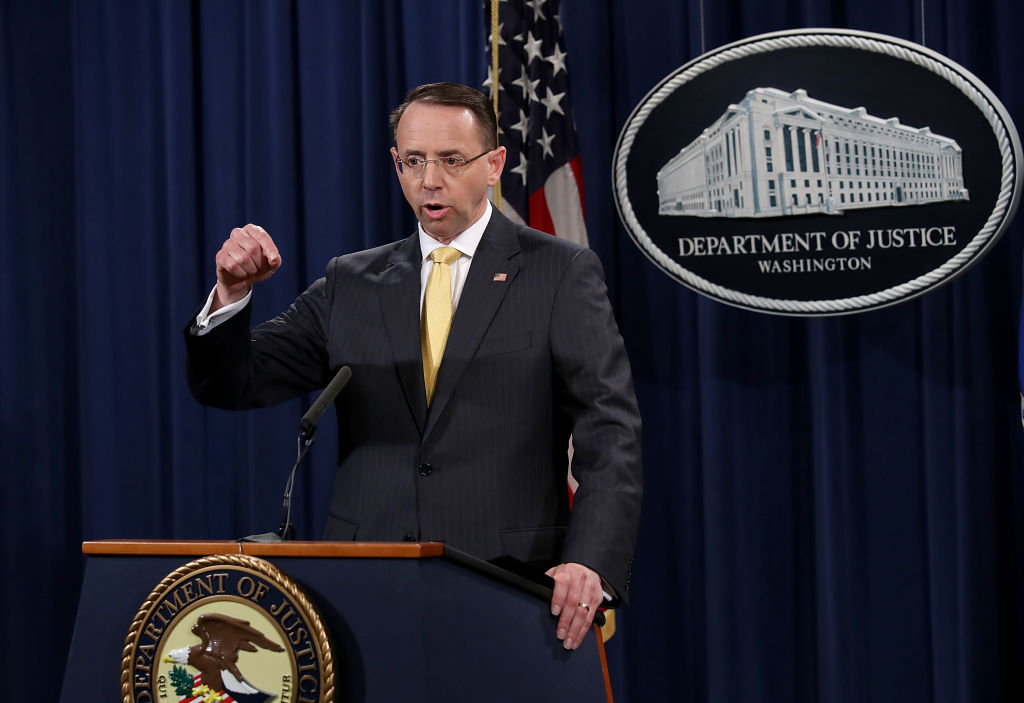 U.S. Deputy Attorney General Rod Rosenstein announces the indictment of 13 Russian nationals and 3 Russian organizations for meddling in the 2016 U.S. presidential election February 16, 2018 at the Justice Department in Washington, DC. The indictments are the first charges brought by special counsel Robert Mueller while investigating interference in the election. (CREDIT: Win McNamee/Getty Images)