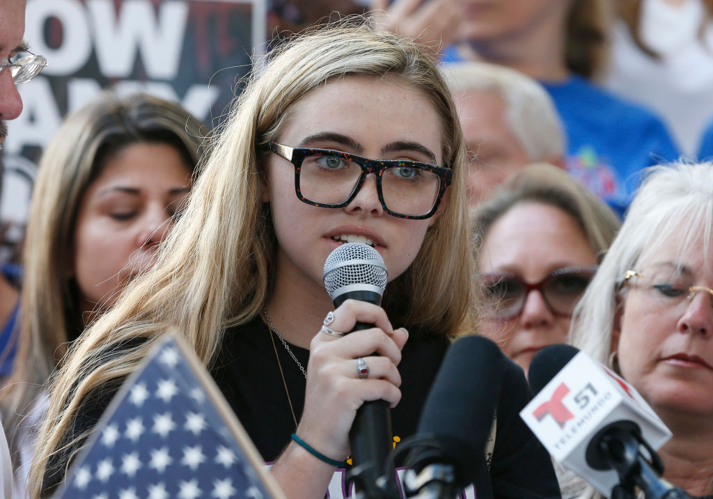 Marjory Stoneman Douglas High School student Delaney Tarr speaks at a rally for gun control at the Broward County Federal Courthouse in Fort Lauderdale, Florida on February 17, 2018.
(CREDIT: RHONA WISE/AFP/Getty Images)