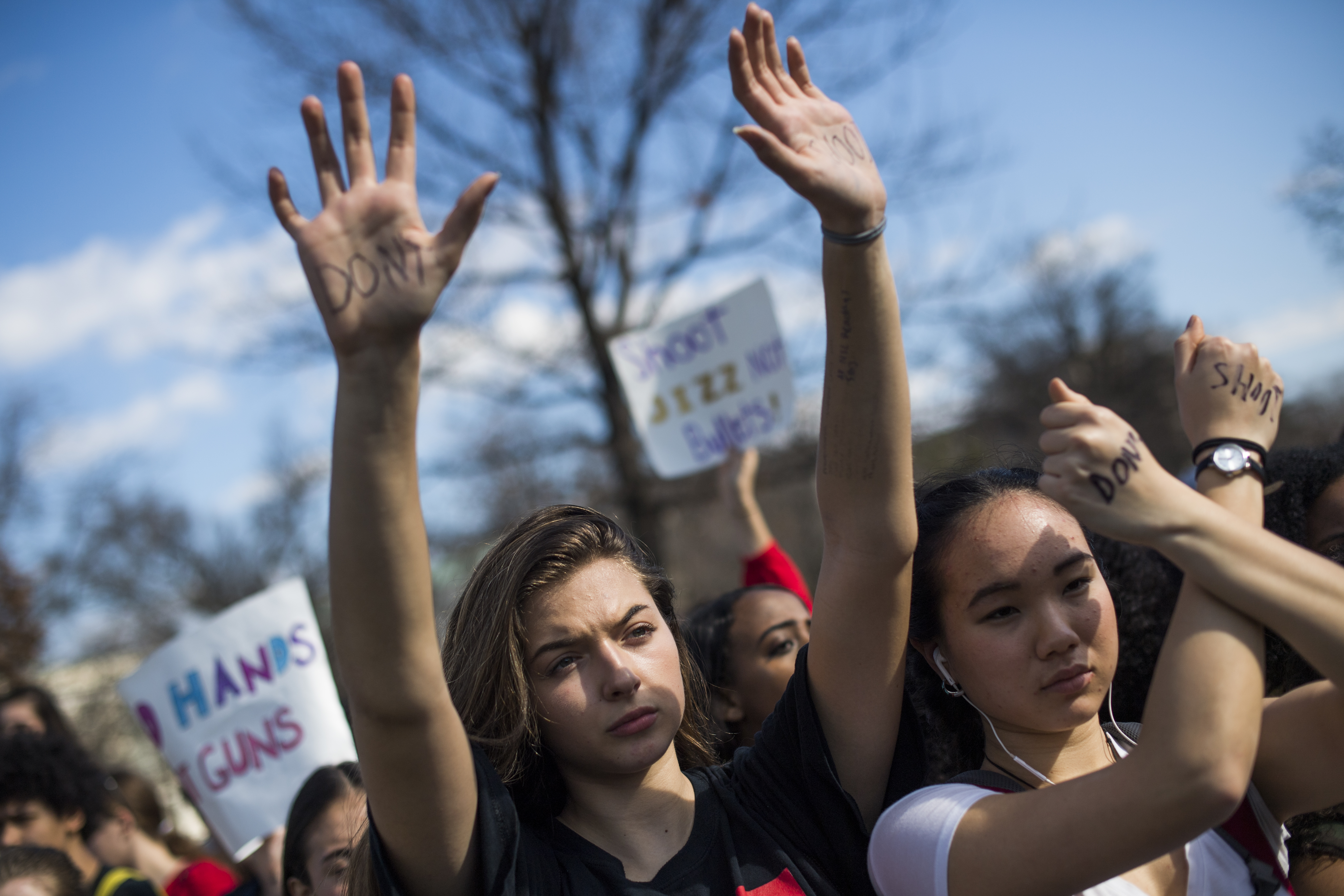 Sofia Hidalgo, 15, of Albert Einstein High School in Kensington, Md., and other students calling for Congress to act on gun control, demonstrate on the east lawn of the Capitol on February 21, 2018. (CREDIT: Tom Williams/CQ Roll Call)