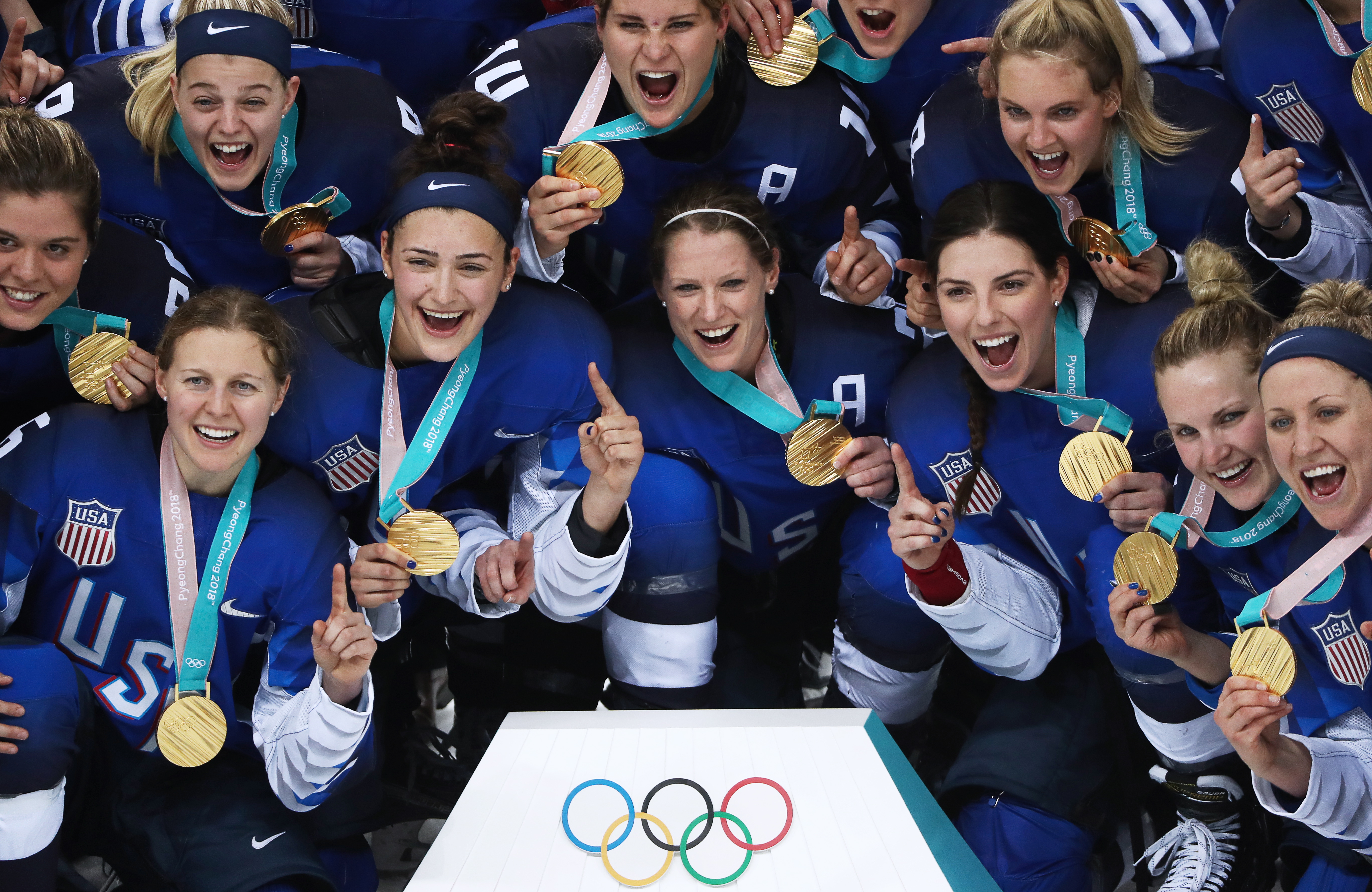 GANGNEUNG, SOUTH KOREA - FEBRUARY 22, 2018: American players pose as they celebrate winning the women's final ice hockey match against Canada as part of the 2018 Winter Olympic Games at the Gangneung Hockey Centre with a 2-3 score. Valery Sharifulin/TASS (Photo by Valery SharifulinTASS via Getty Images)