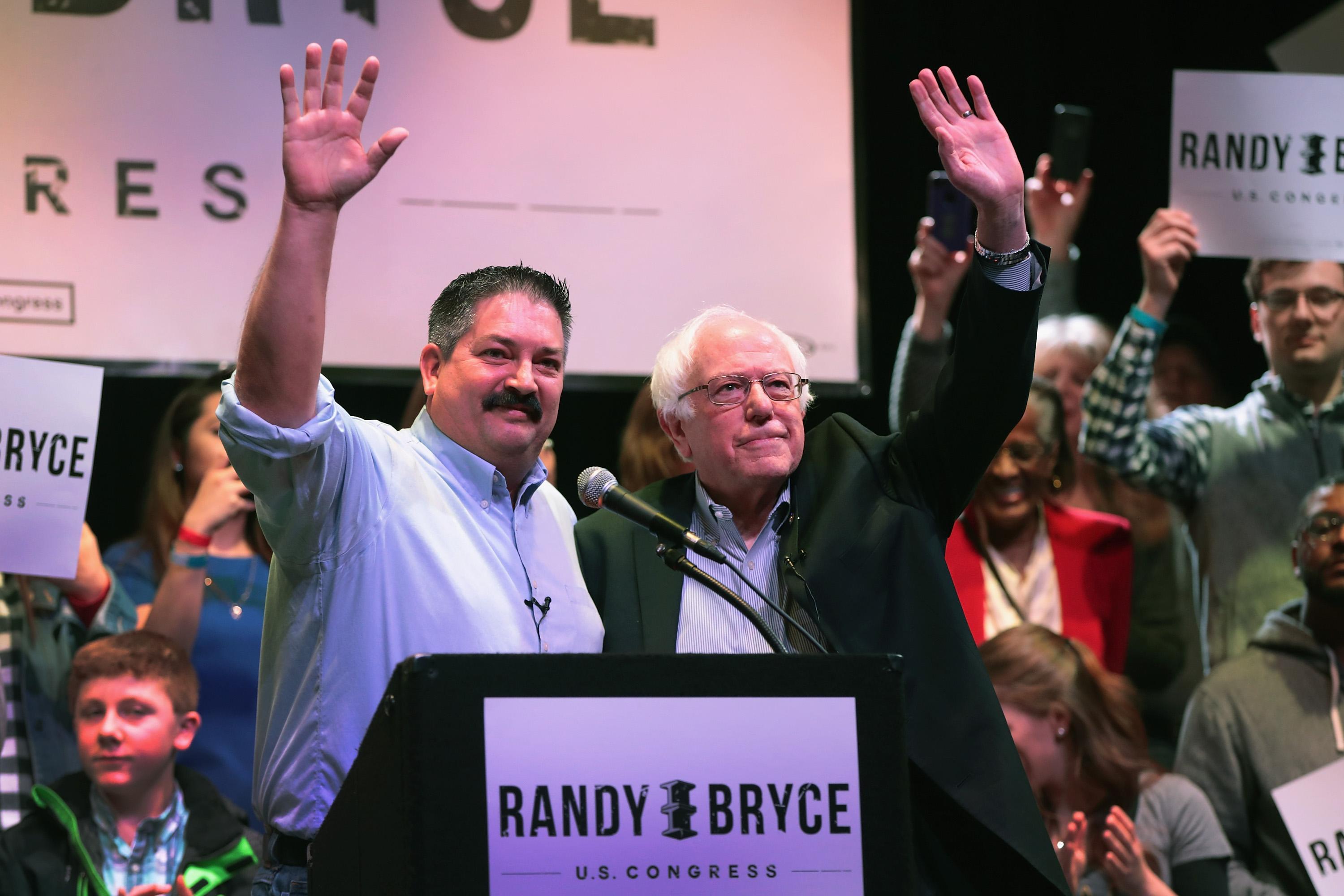 Sen. Bernie Sanders (I-VT) (right) campaigns with Randy Bryce at a rally on February 24, 2018 in Racine, Wisconsin. CREDIT: Photo by Scott Olson/Getty Images