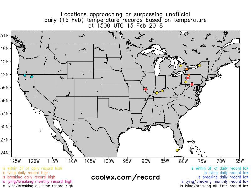 Temperature records over the last week. Credit: coolwx