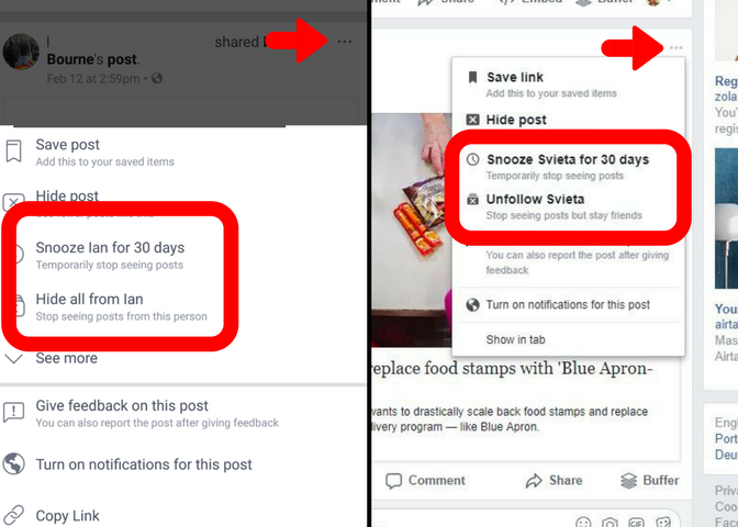 How to Snooze or Unfollow a person or page on the mobile app (left) and the desktop website (right)