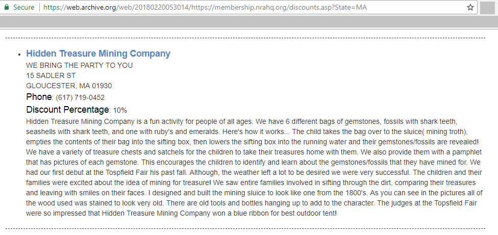 Screengrab of cached NRA member discounts page highlighting Hidden Treasure's 10 percent discount