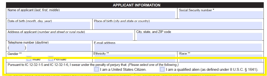 The Indiana Professional Licensing Agency includes a section on its application asking applicants to swear under the penalty of perjury that they are either U.S. citizens or qualified aliens. DACA recipients are not either. (Photo: Part of a State of Indiana application for licensure as a marriage and family therapist)
