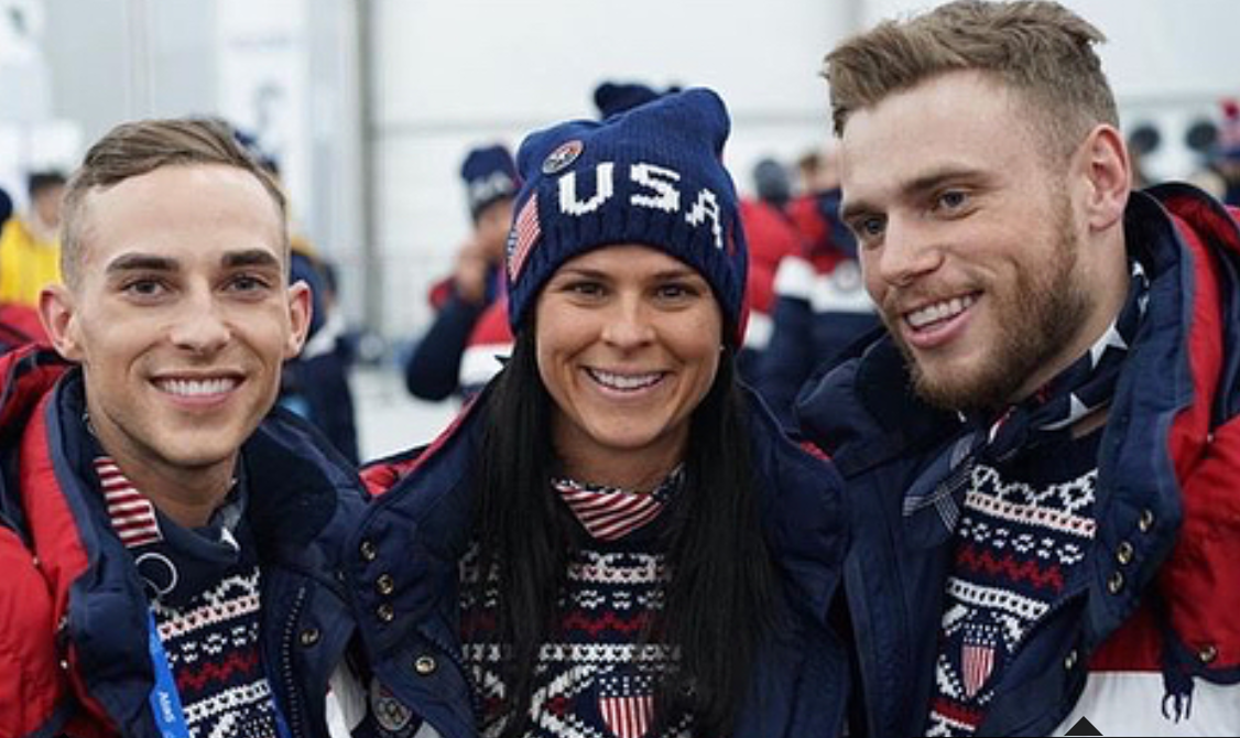 Adam Rippon, Brittany Bowe, and Gus Kenworthy, the three out athletes on Team USA, pose for a picture at the Opening Ceremonies in Pyeongchang. CREDIT: Brittany Bowe's Instagram