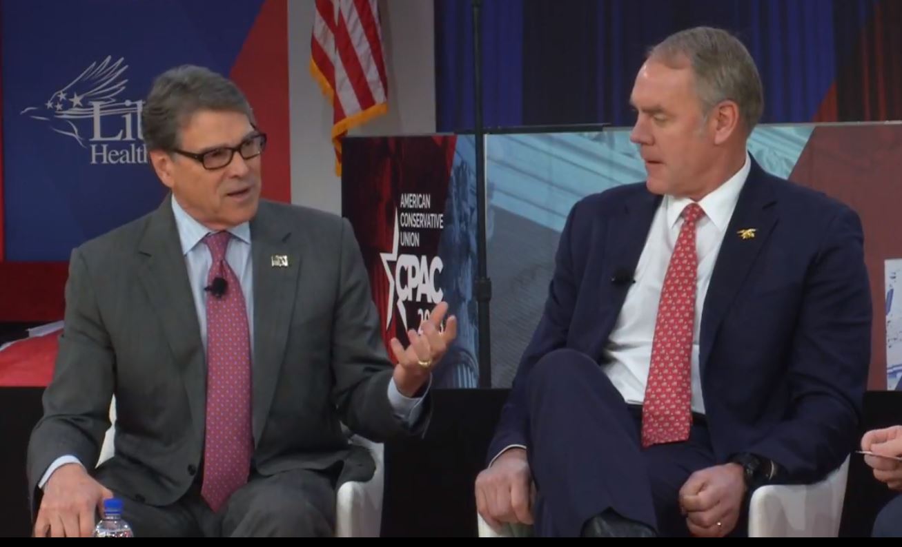 Energy Secretary Rick Perry and Interior Secretary Ryan Zinke speak at the CPAC 2018 conference in Maryland on February 23, 2018. CREDIT: Screenshot/webcast