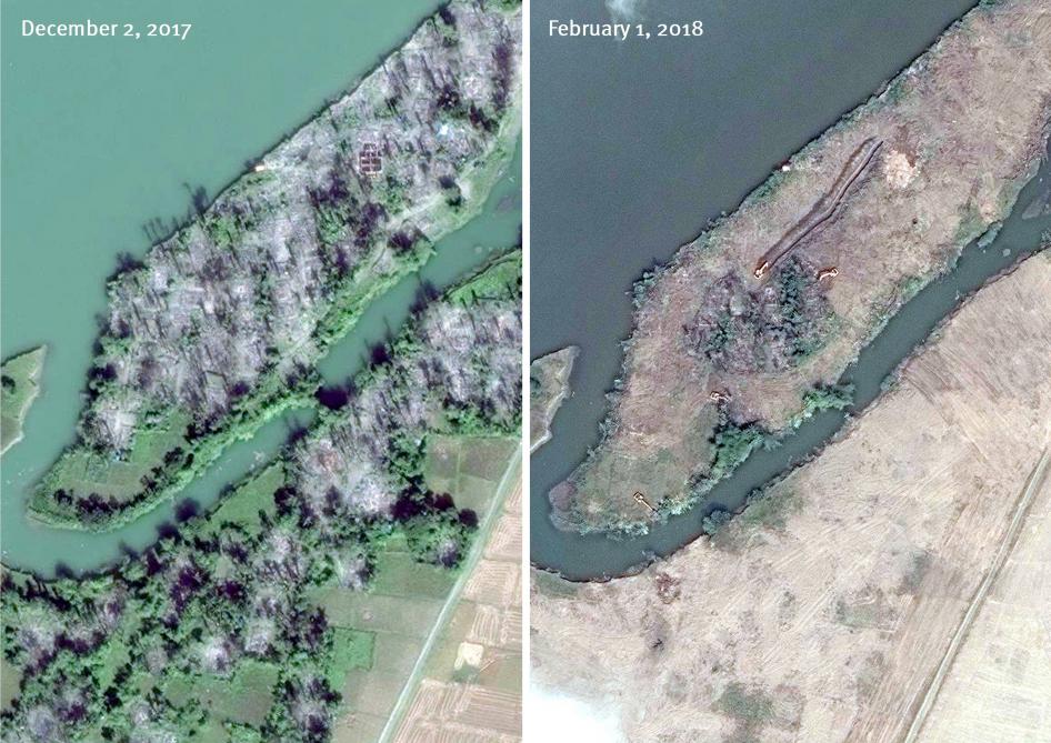Satellite images show before and after the clearing of the destroyed village of Myar Zin. © 2018 DigitalGlobe/Via Human Rights Watch
